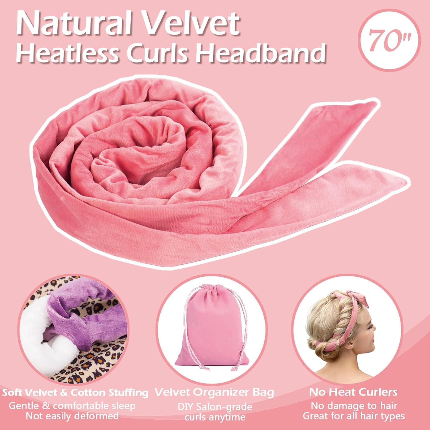 Heatless Curls Overnight Headband, 70'' No Heat Hair Curlers for Medium Long Hair, Pink