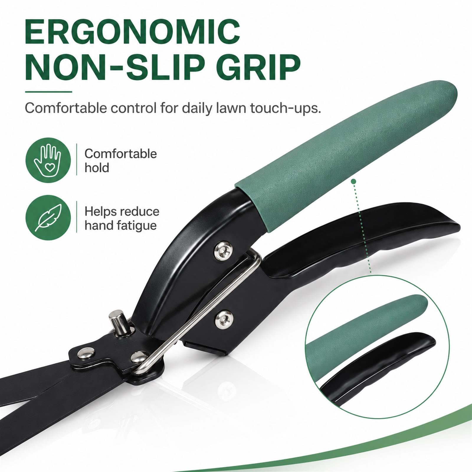 GOOGO Cisaille Gazon avec Lame Dentelée, Cisaille a Gazon Portatives avec Lames en Acier au Carbone SK5, Revêtement en Téflon et Verrouillage de Sécurité (longueur 32cm)