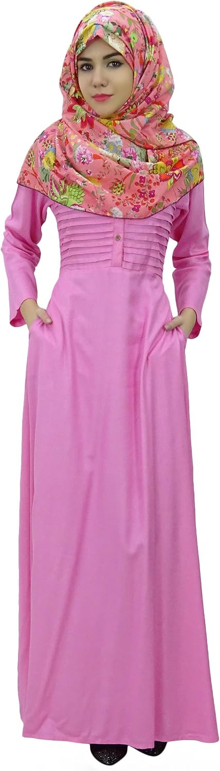 Bimba Women's Long Sleeve Muslim Islamic Abayas Pleated Maxi Jilbab with Hijab Pink