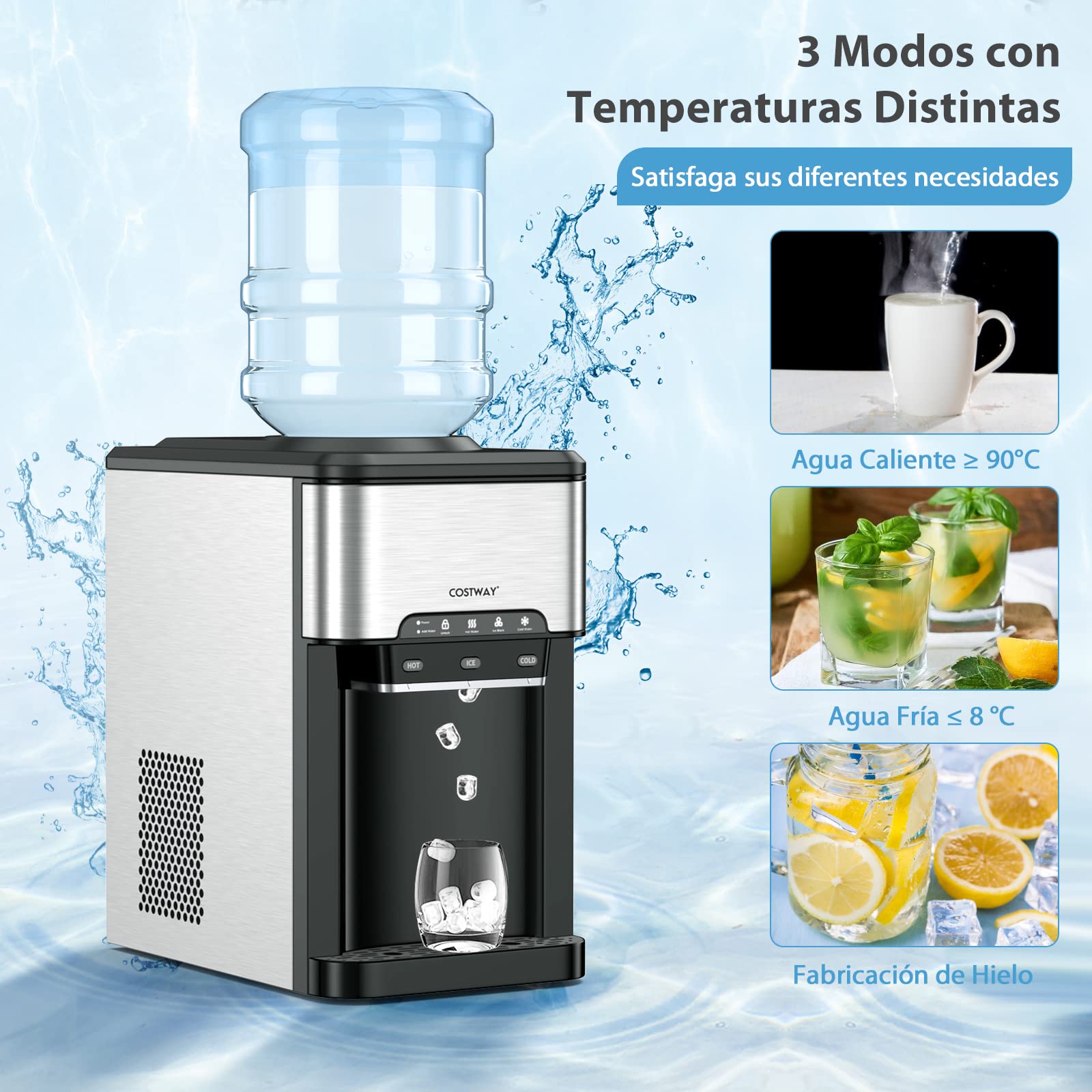COSTWAY Dispensador de Agua 3-en-1 Con Máquina de Hielo, 3 Ajustes de Temperatura, Para Botellas de 3-5 Galones, Para Hogar y Oficina