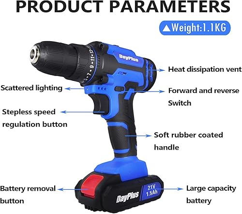 Miniatura 2 de Juego de taladro eléctrico inalámbrico de 21 V, 26 unidades, con pilas, 25+1 martillo de torsión, portabrocas de 3/8 pulgadas, luz LED de 2