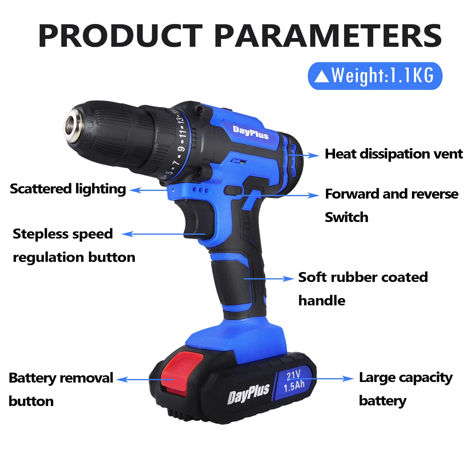 Trapano avvitatore elettrico a batteria da 21 V con mandrino autoserrante da 3/8" 388 "-lb Coppia 2 velocità variabili 25+1 frizione regolabile 26 pezzi accessori con 2 batterie e caricabatterie