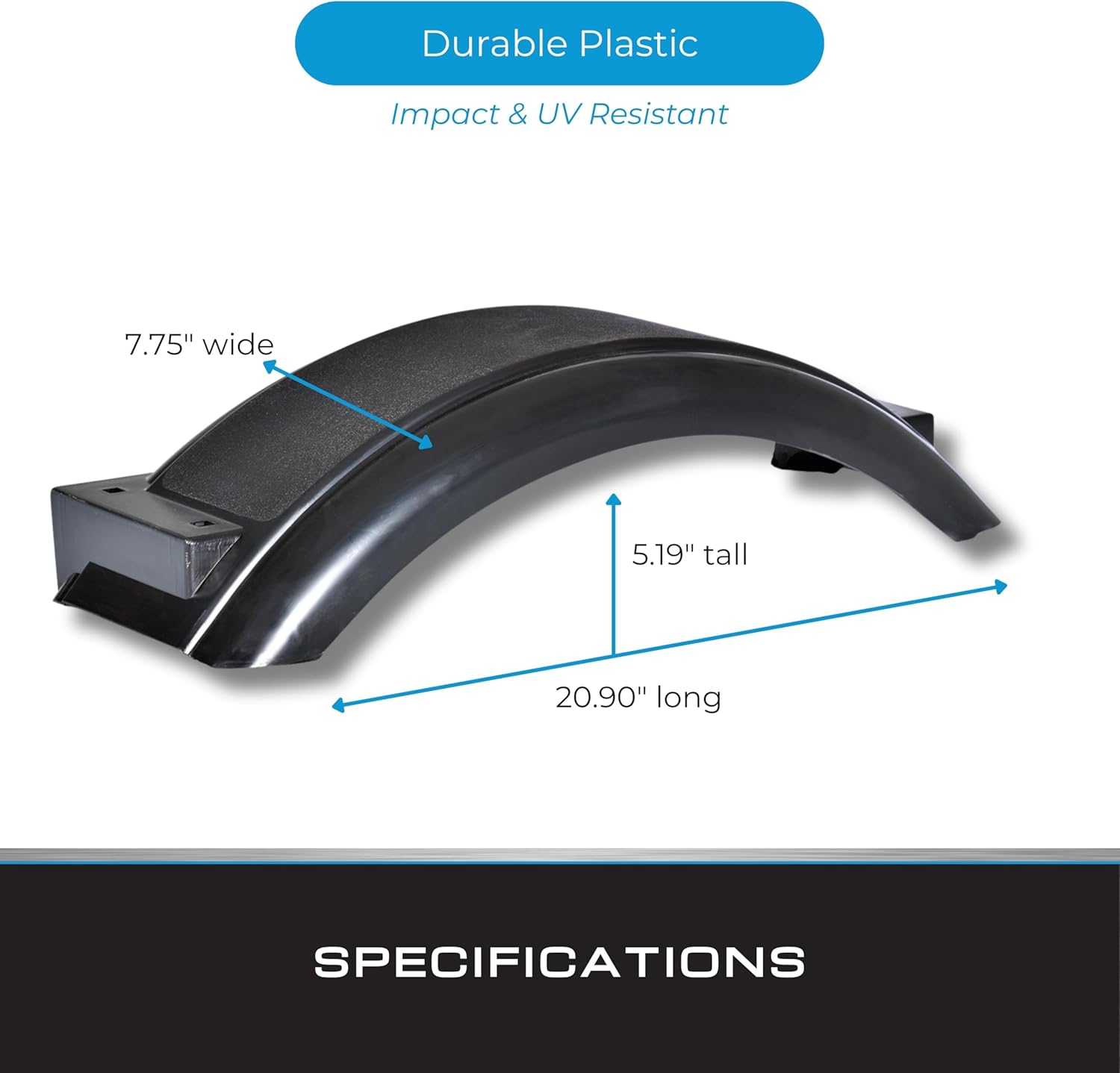 Tie Down Black Plastic Trailer Fender – High Impact Polyethylene – For Small Trailer Wheels (Requires 5.19" Overall Tire Diameter) – 20.90" L x 7.75" W x 5.19" H (1 Replacement Fender)