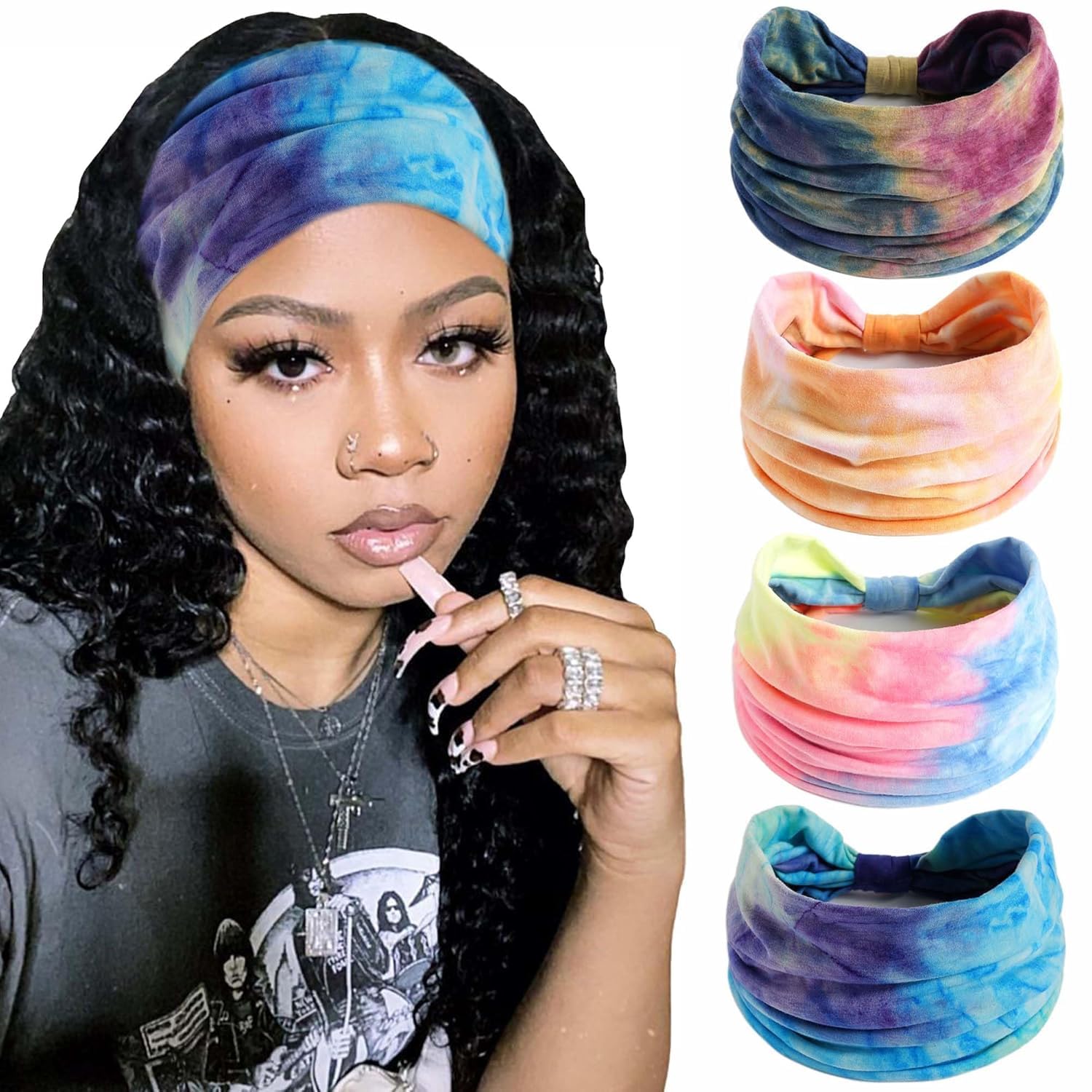 4 Pcs Wide Headbands for Women Knotted Head Bands for Women's Hair Stretch Bandana Headband No Slip Hair Bands Tie Dye Head Wraps Boho Hair-image-12