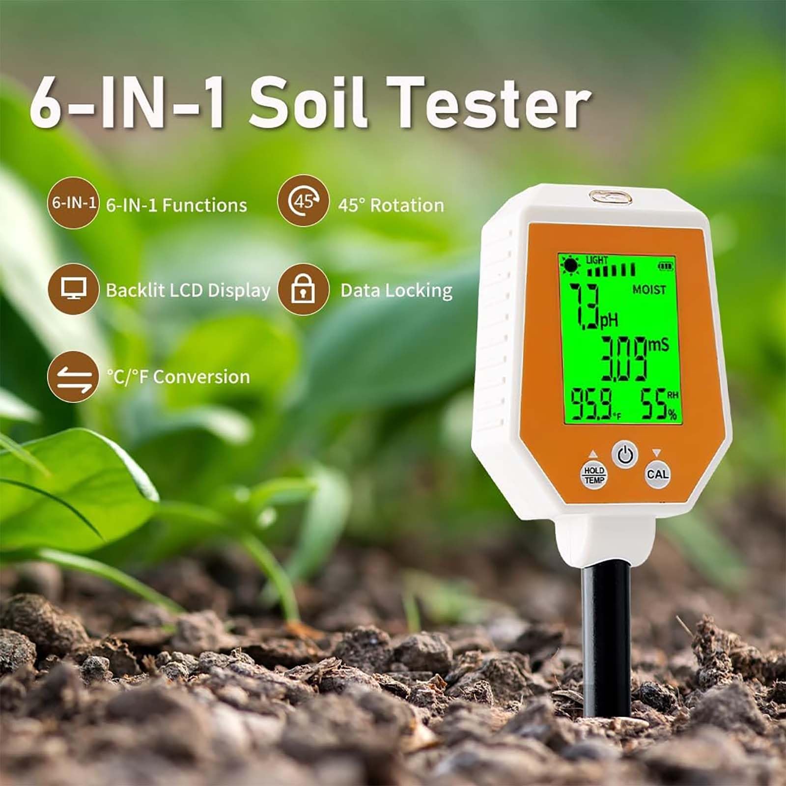 Tester gleby - 6 w 1 pH, EC, wilgotność powietrza, temperatura - higrometr cyfrowy o wysokiej dokładności ze zdejmowanym panelem do ogrodnictwa i rolnictwa