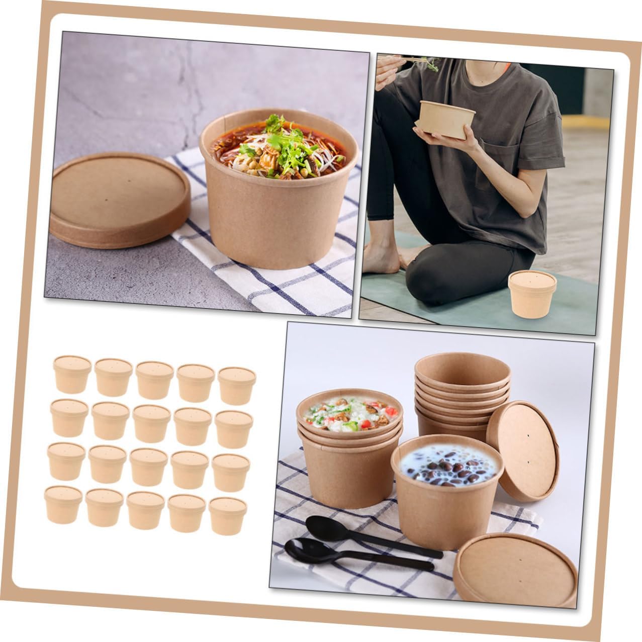 Zerodeko Disposable Ice Cream Cups and Dessert Bowls 8oz Thickened Kraft Paper with Lids, Food-grade Takeout Containers for Ice Cream, Pudding, and Soup, 50pcs for Party and Catering Use