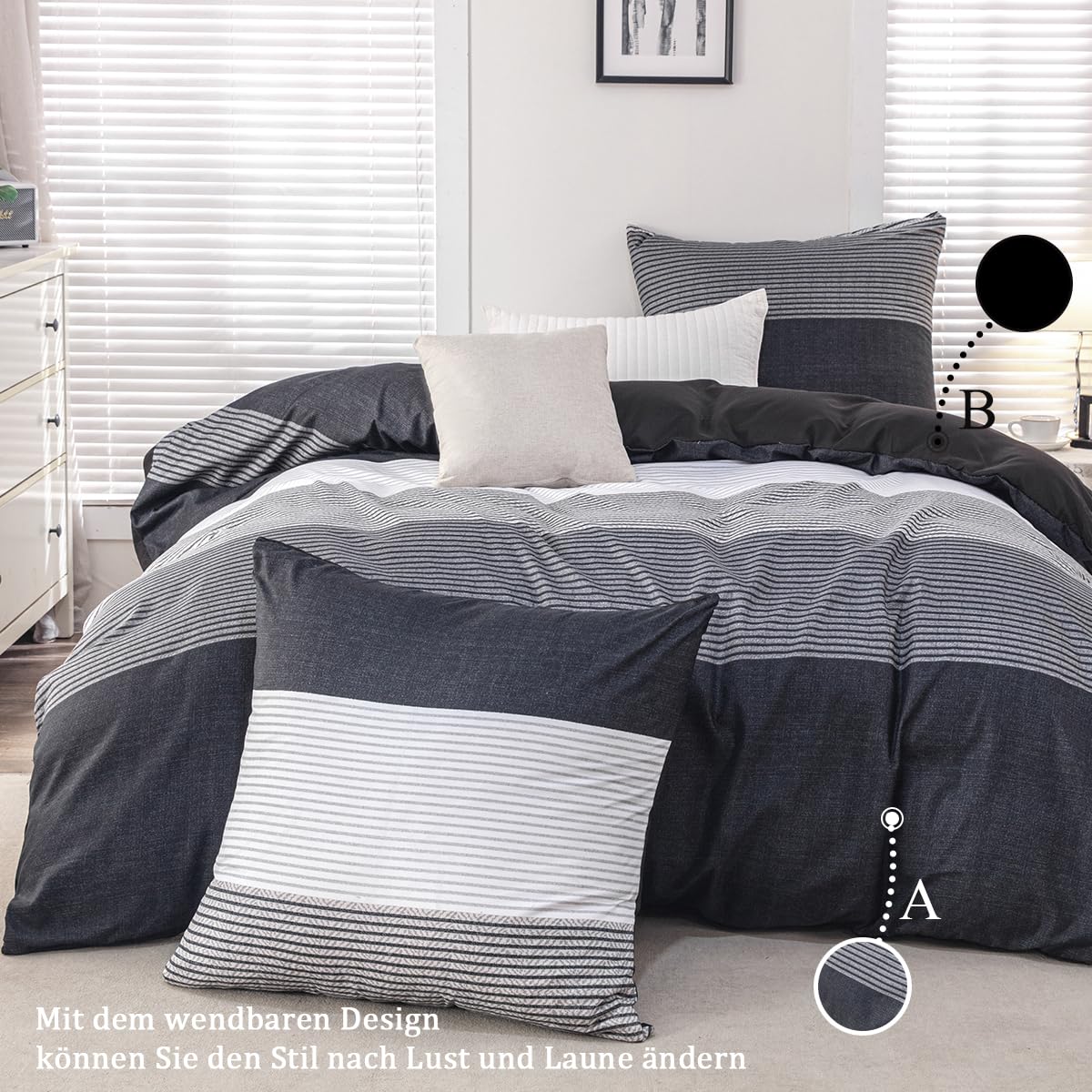 Bettwäsche 135x200 Schwarz, Bettwäsche-Sets mit Gestreift Muster Microfaser Bettbezug 135 x 200 2 Teilig bügelfrei & weich - 1 Wendebettwäsche und 1 Kissenbezug 80x80 mit Reißverschluss