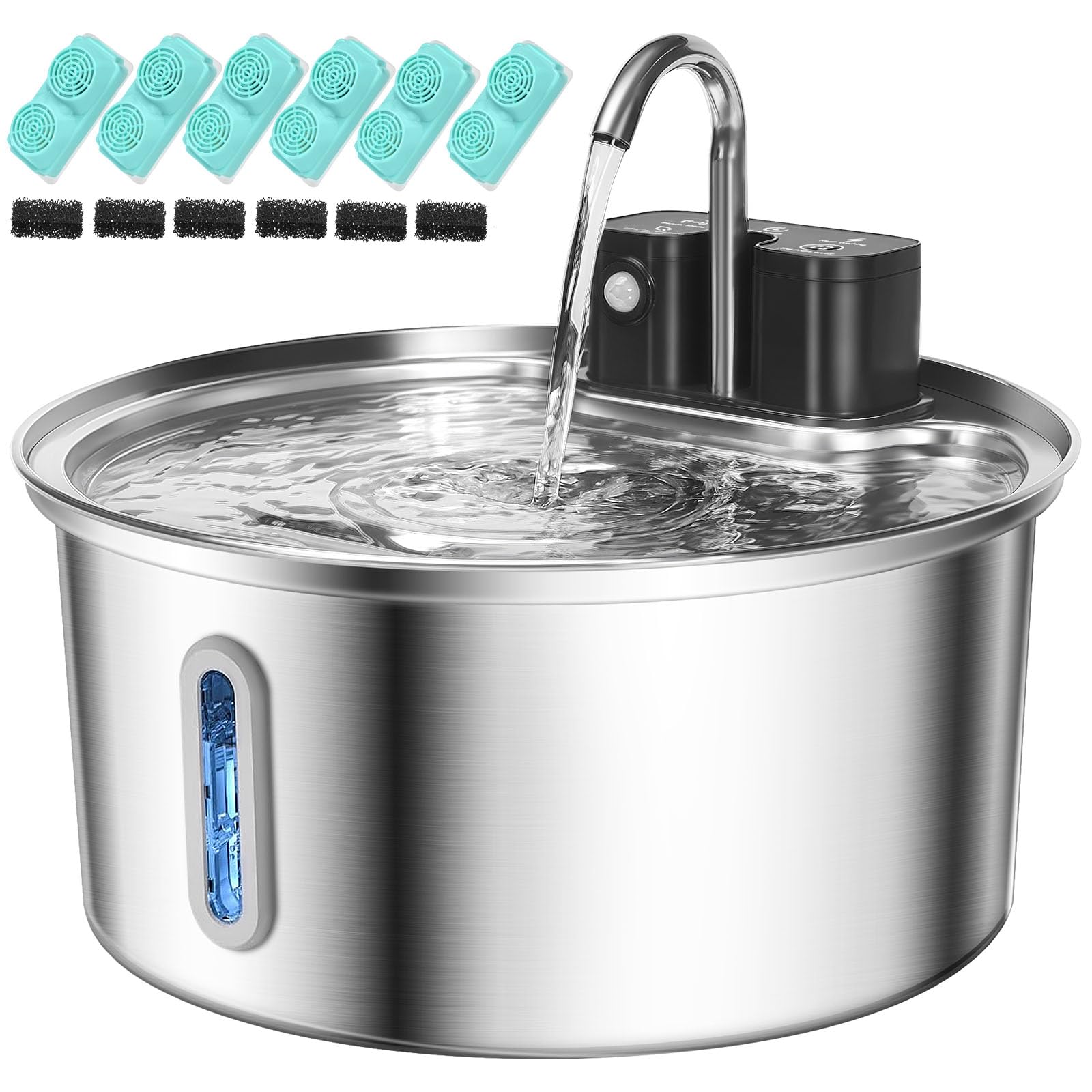 Fontanella per Gatti Senza Fili, Fontanella per Gatti in Acciaio Inox, Fontana per Gatti con Sensore di Movimento e 45 Giorni, Fontana per Gatti con Serbatoio Dell'acqua 3.2L- 6 Filtro+6 spugna