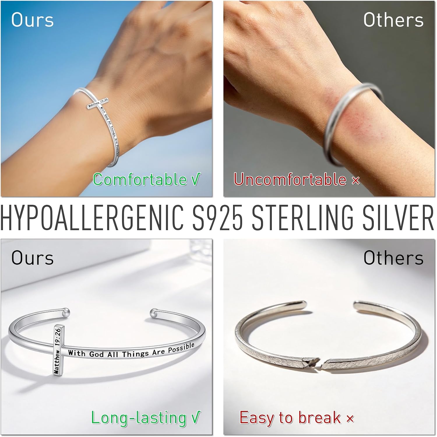 Cross Bracelet for Women Sterling Silver Faith Hope Love Engraved Open Bracelet Religious Adjustable Jewelry Mothers Day Birthday for Women Gifts - Image 5