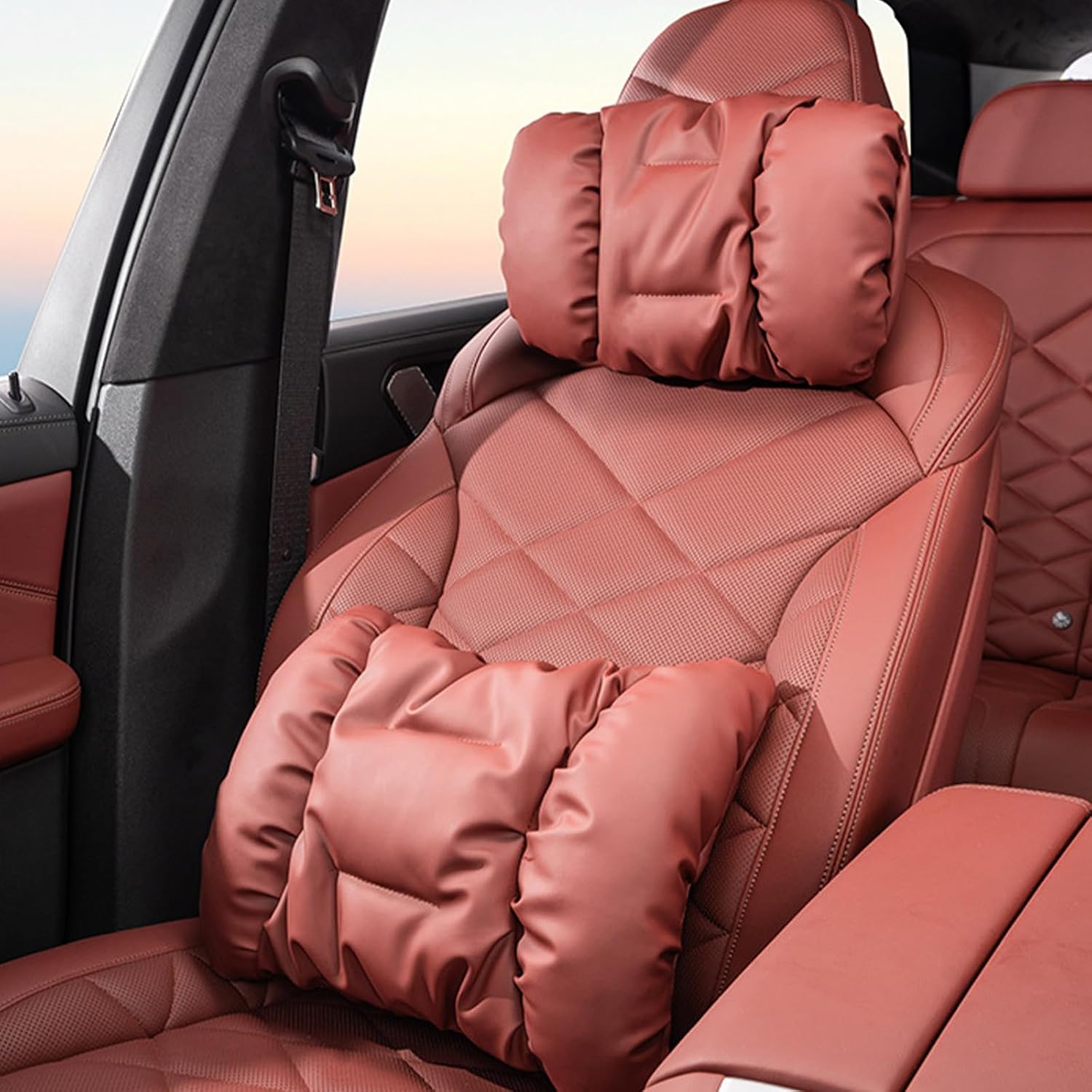 2 Pack 2025 Skin-Friendly Leather Neck Headrest for BMW New X3 X5 X2 X4 X1 X6 3 Series,3 4 5 Series IX Car Neck Pillow Anti Soiling Bubble Cotton (Red-bm-2)