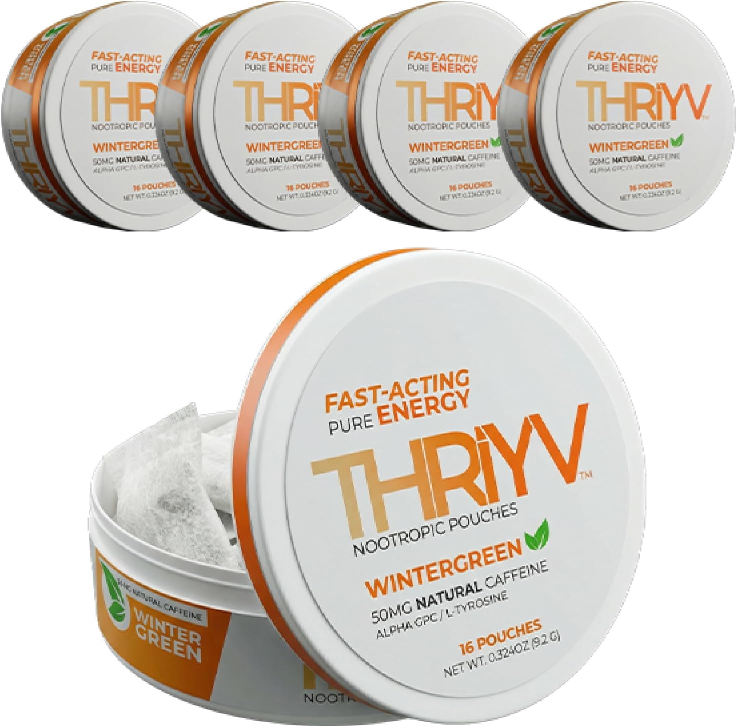 5 Cans, THRIYV Nootropic Energy Pouches, Wintergreen, 50mg Natural Caffeine Per Pouch, Fast-Acting Energy, L-Theanine, Alpha GPC, L-Tyrosine, B Vitamins, Sugar Free, 16 Pouches Per Can