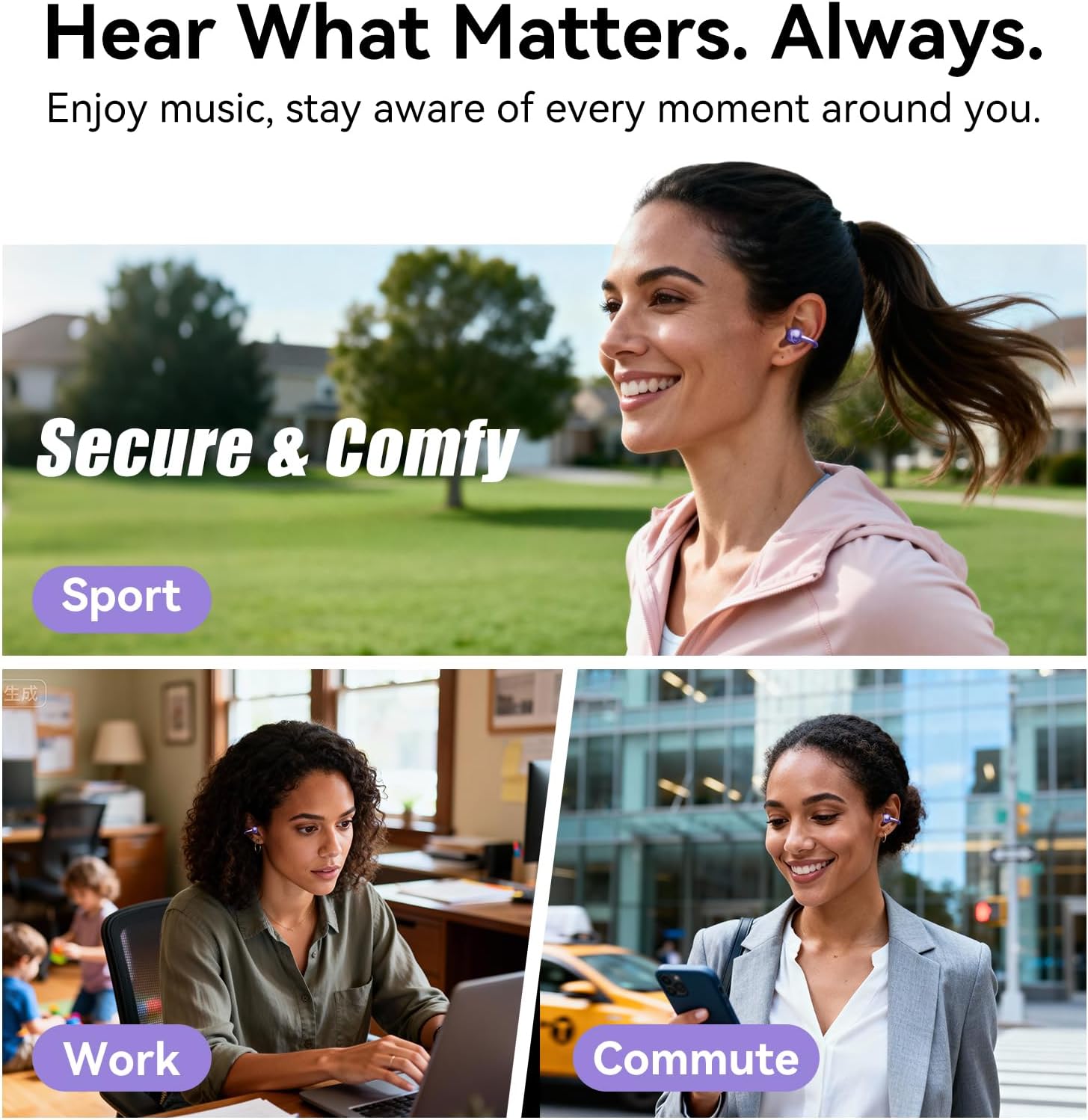 Kinglucky Upgraded Clip-On Earbuds Comfortable fit & Crystal-clear Sound, 50H Playtime Open Ear Buds Bluetooth 6.0 Wireless Headphones for Women Ideal for Small Ears, Sports & Workouts, Glasses Purple