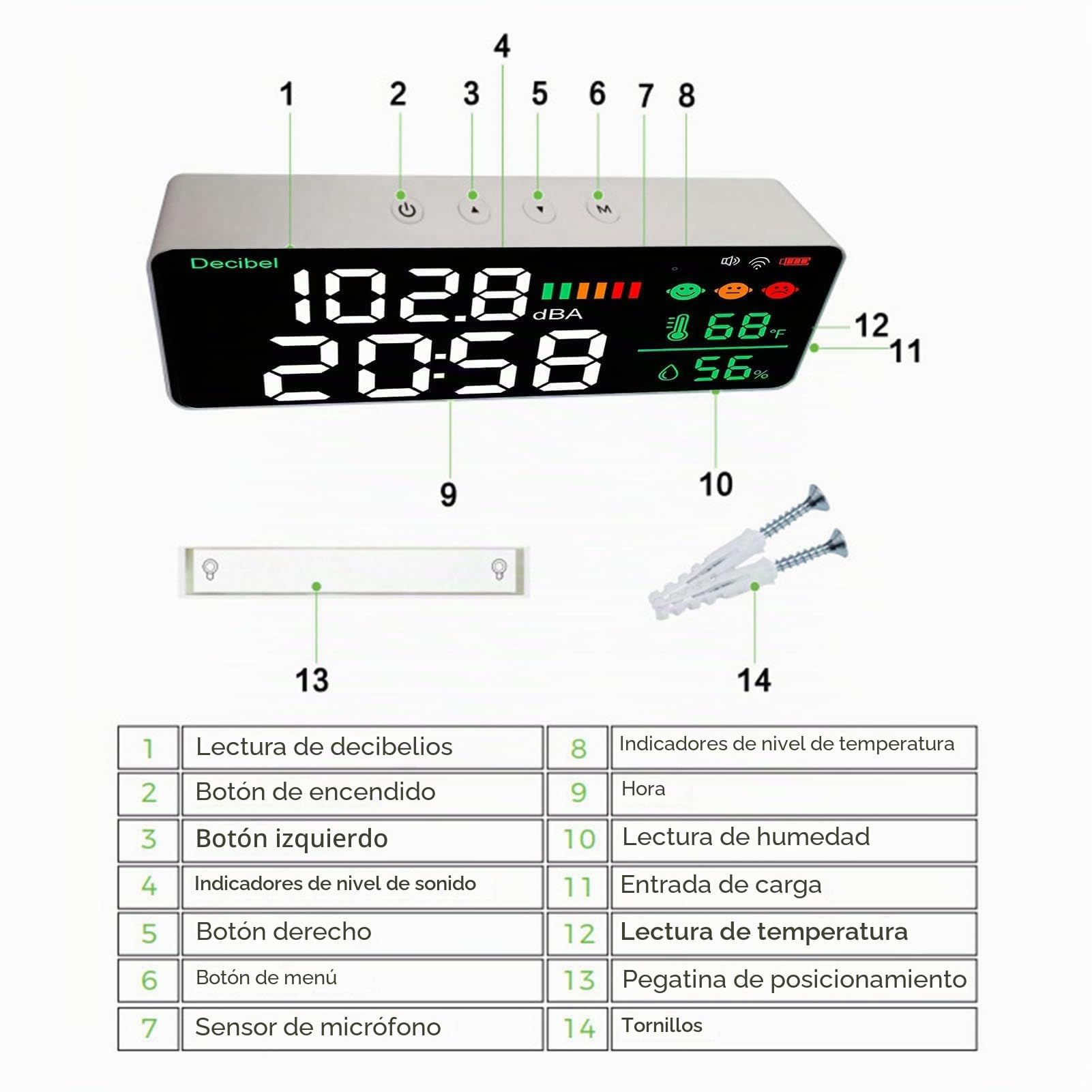 Medidor de Decibelio LED 2.4g Medido de Pared WiFi de 11 Pulgadas Temperatura LED Humedad Tiempo Medidor de Nivel de Sonido para - Detector de Ruido Multifuncional para Uso en el Hogar y la Oficina