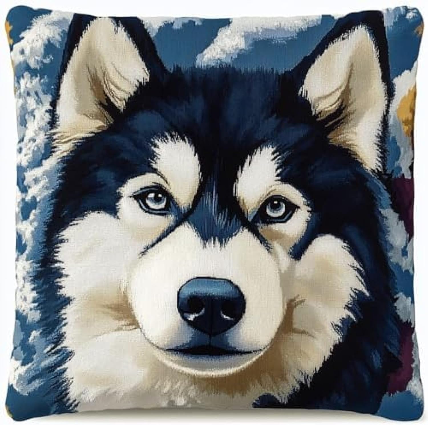 DIY Latch Hook Pillow Kits for Adults Beginners Pillow Cover with Color Printed Pattern Cute Husky Cross Stitch Embroidery Latch Hook Cushions Hobby and Needlework Adult,17x17inch/43x43cm