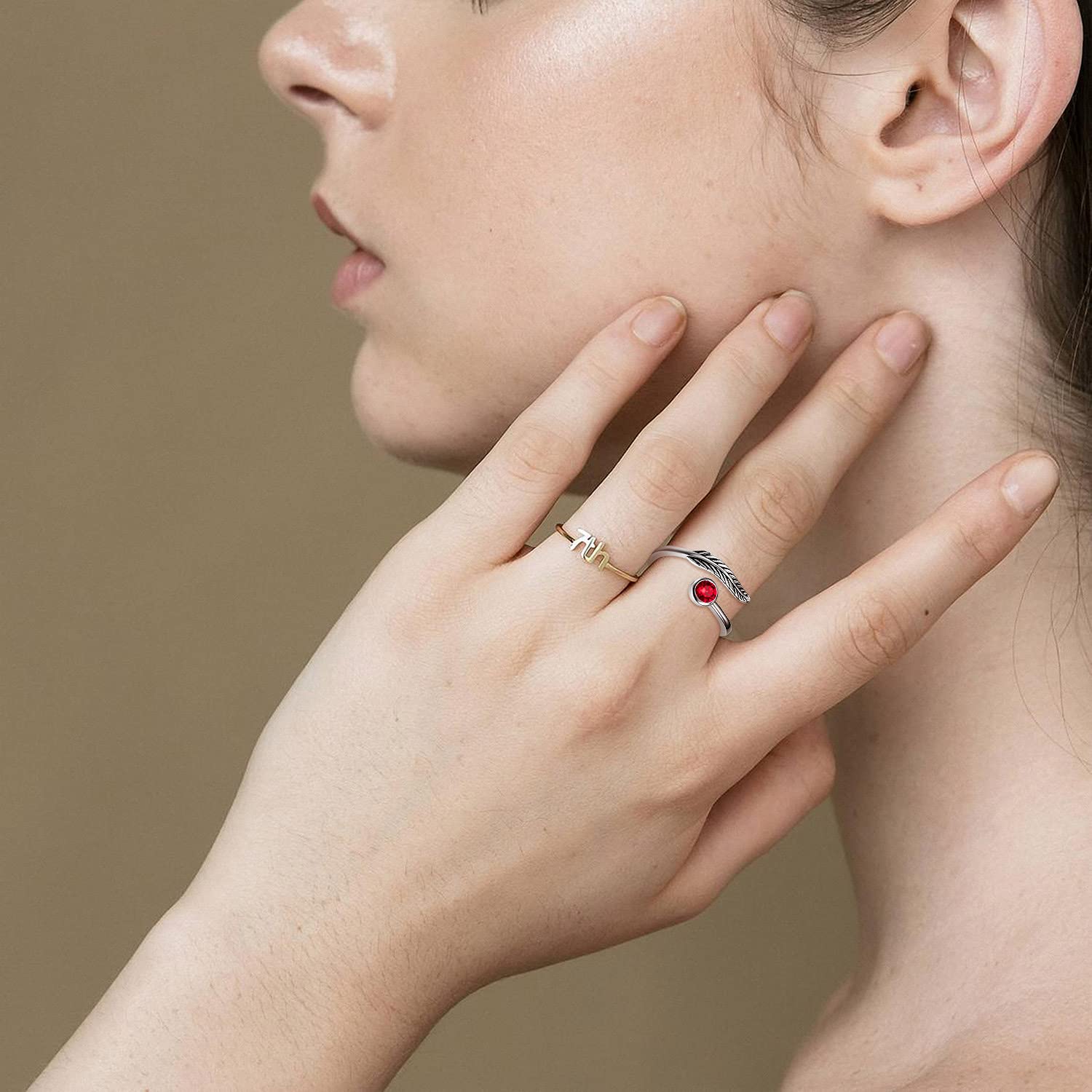 Birthstone Adjustable Open Feather Ring 925 Sterling Silver Birth Stone Ring Jewelry Gift Birthday Gift for Mom Women Wife Girls
