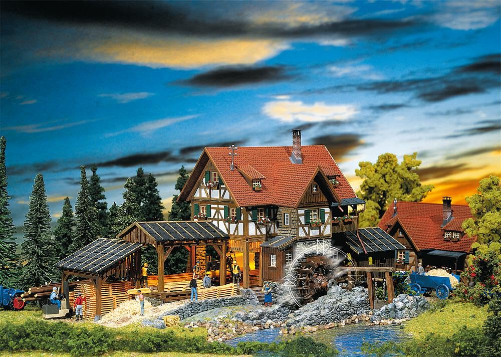FALLER Sägemühle zestaw modelarski z 569 częściami 345 x 200 x 145 mm I akcesoria modelarskie H0 I model kolejki H0 Tartownica z kołem wodnym