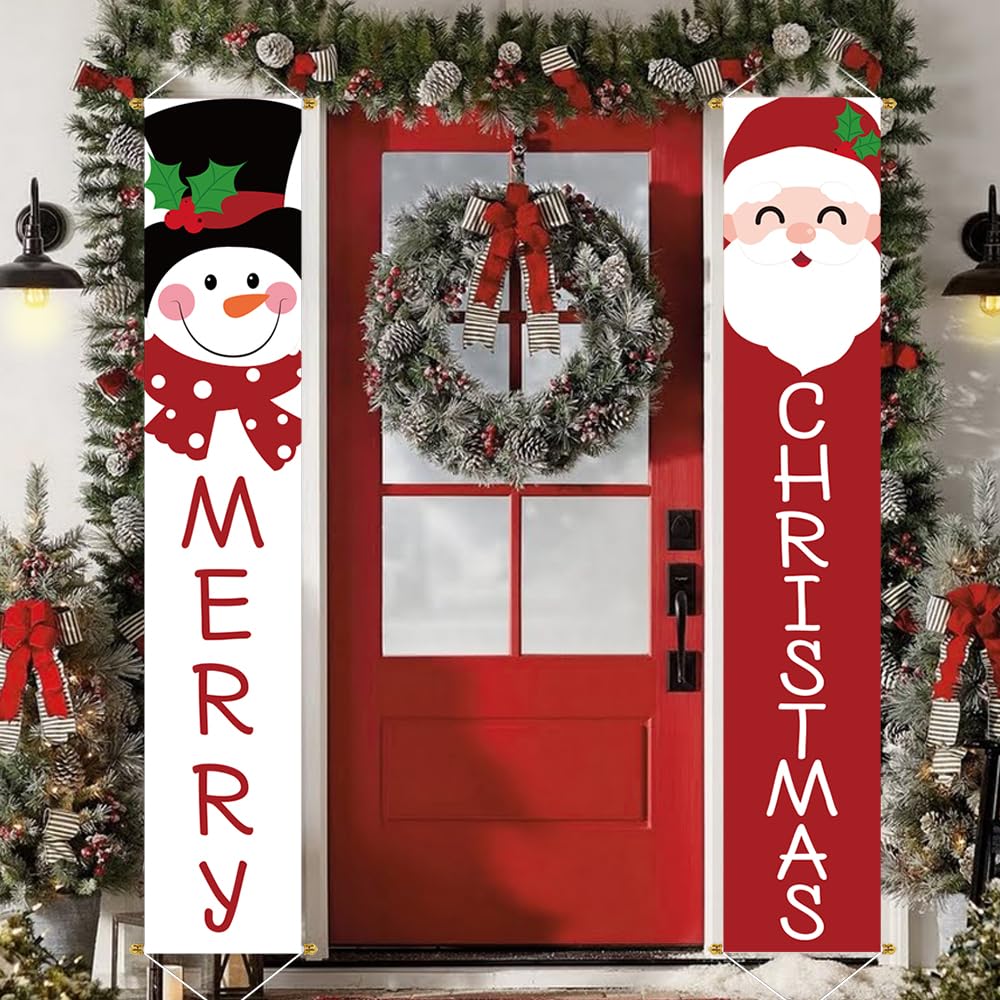 Christmas 2pc Outdoor Yard Banner, Red White Santa Snowman, Merry Decorations, Sturdy Poles, Hanging, Front Porch, Home, Indoor Outdoor, Garage Door, 71x13 inches
