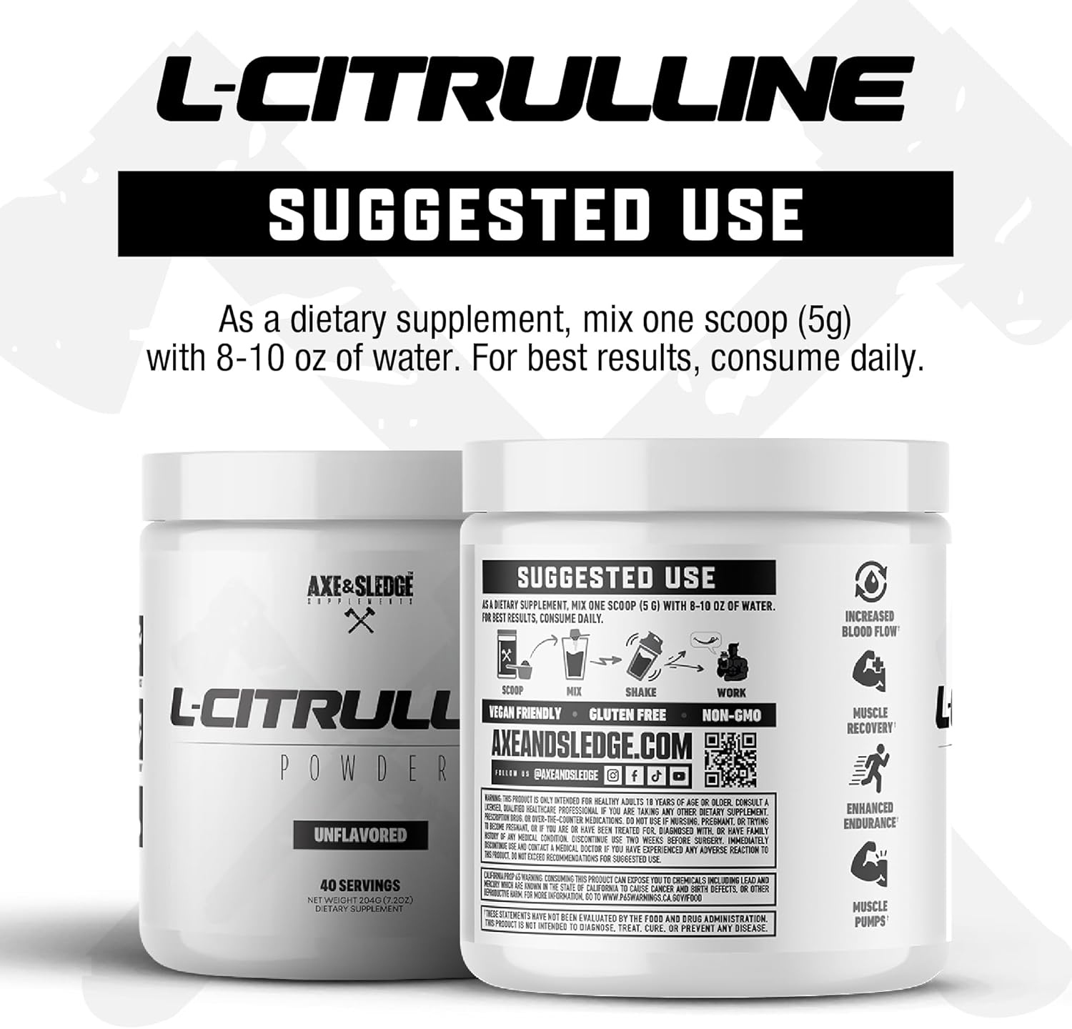 Axe & Sledge Basics Citrulline | 5g Pure Citrulline, Unflavored, 40 Servings | Boost Nitric Oxide Production | L-Citrulline Supplements for Men & Women - Stamina, Performance & Endurance for Workouts