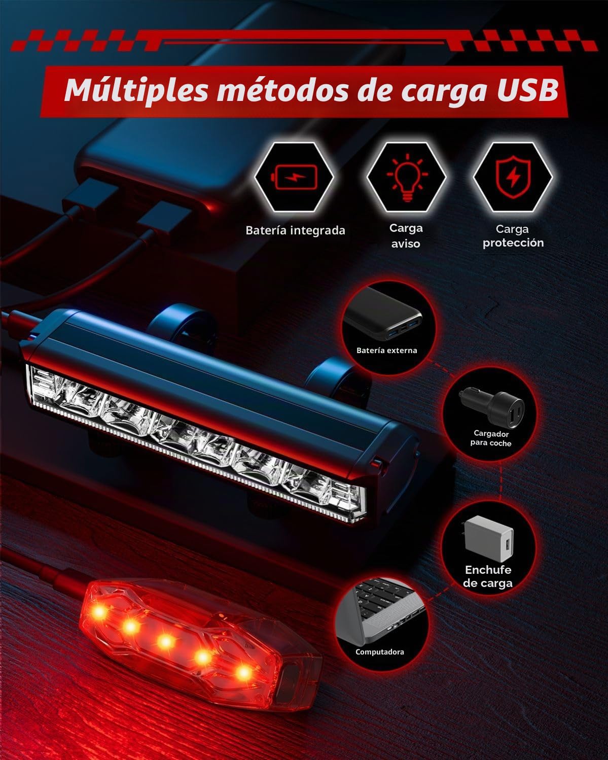 POSUGEAR Luz Bicicleta, USB Recargable Luces Bicicleta Delantera y Trasera, Ultraligera de Aluminio Luz Trasera Bicicleta Potente LED, IPX5 Luz Bici