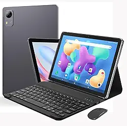 10,1 Polegadas Tablet com Caso, Teclado e Mouse, Android 12 Tablet, 6GB RAM + 128GB ROM, WiFi, Bluetooth, 6500mAh, Cinza