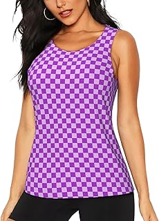 playera sin mangas con estampado a cuadros color morado y lila para mujer, ajuste seco, atlético, gimnasio, entrenamiento, sin mangas, para el verano 2025