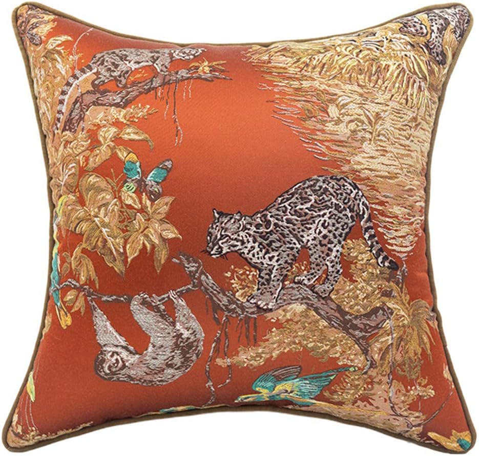 vctops Classic Animal Embroidered Throw Pillow Cover Forest Leopard Monkey Birds Butterfly Pattern Decorative Pillowcase Cushion Cover Orange 18x18 Inch