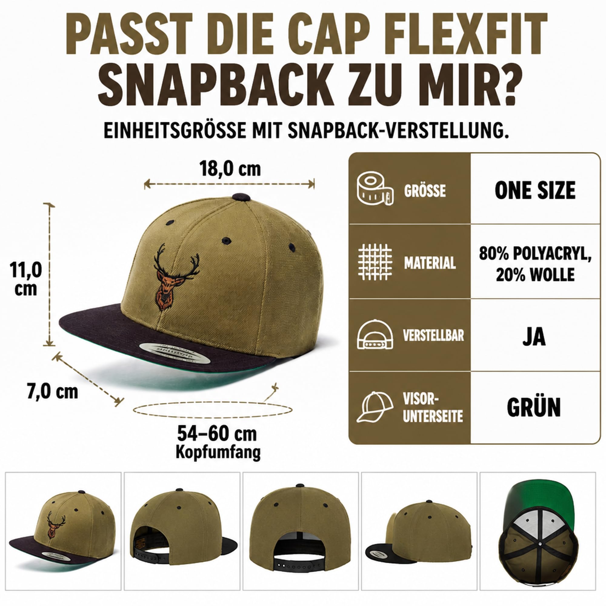 Cap Flexfit Snapback : Hirsch-Kopf - Outdoor Cap - Cappi für Naturliebhaber Herren & Damen Baseball Cap Kappe Mütze Outdoor Jäger Jagd Ausrüstung Wander Zubehör