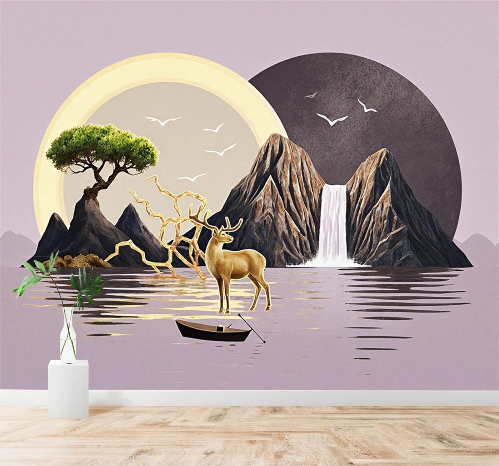 XLMING Deer Waterfall Mountains Trees Boats Tranquil Lake View 3D Wallpaper Premium Textured Silk Study Dining Living Room Bedroom Sofa TV Wall Easy Install-400cm×280cm