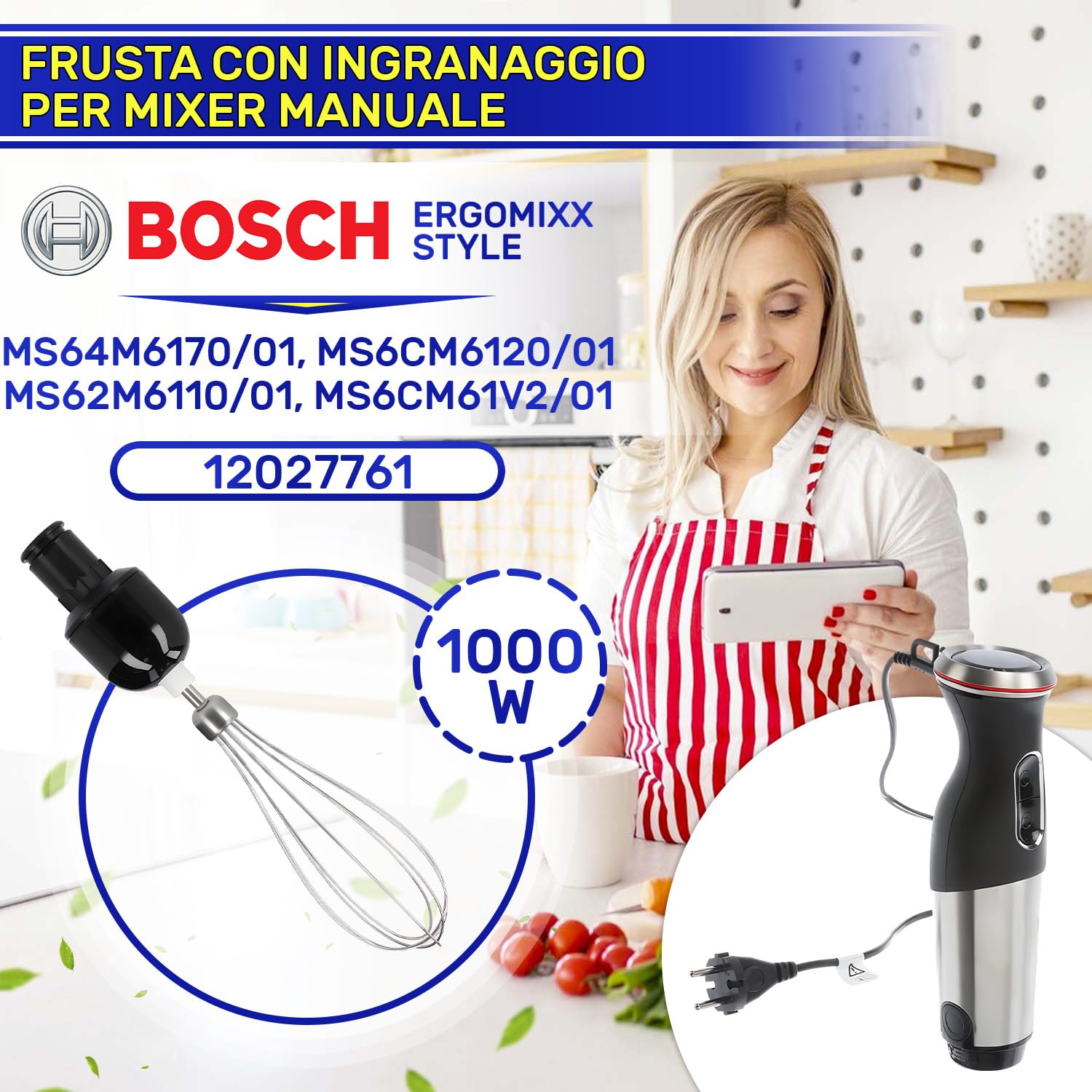 MONTERAL Frusta con Riduttore per Frullatore a Mano Ø 46x235 mm con Codice Originale 12027761 per Bosch ErgoMixx Style 1000W - Garanzia di 10 Anni