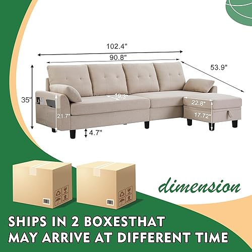 Miniatura 2 de Sofá modular convertible de 102 pulgadas, moderno sofá en forma de L con otomana de almacenamiento y bolsillos laterales, sofá de 4 plazas para sala