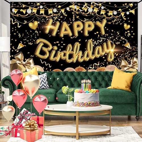 Miniatura 6 de Lovyan Cartel de fondo de feliz cumpleaños, cartel de tela extra grande, color negro y dorado, fondo de cabina de fotos para hombres y mujeres,