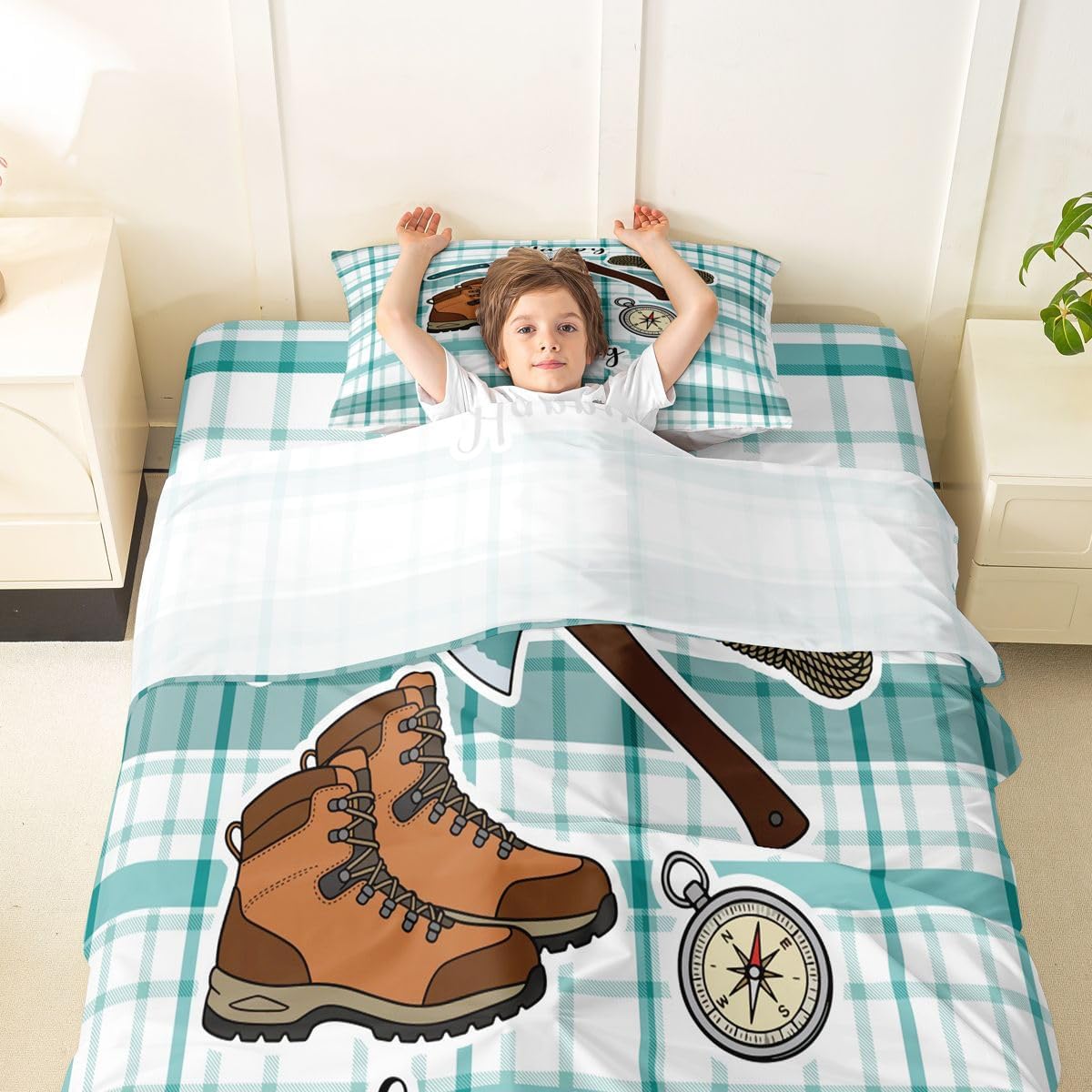 Erosebridal Happying Camping Sheet Set Camp Travel Boots Twin Sheets Set for Kids Boys,Lodge Cabin Vintage Farmhouse Style Fitted Sheet image 3