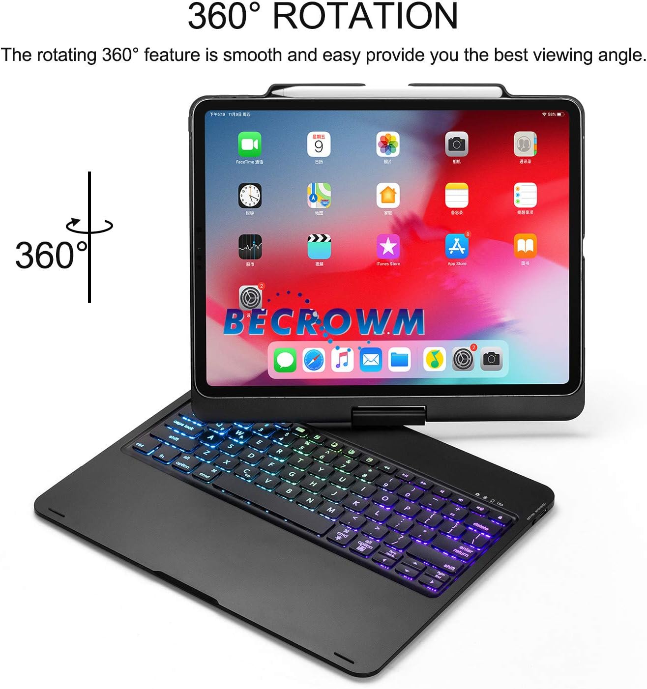 Uр Tо 40% оƒƒ BECROWMUS 2018 New iPad Pro 12.9 Keyboard Case 360 Degree Rotation Swivel Backlit 7 Color Cover Case with Wireless Keyboard Compatible with Apple iPad 12.9 inch 2018 Black