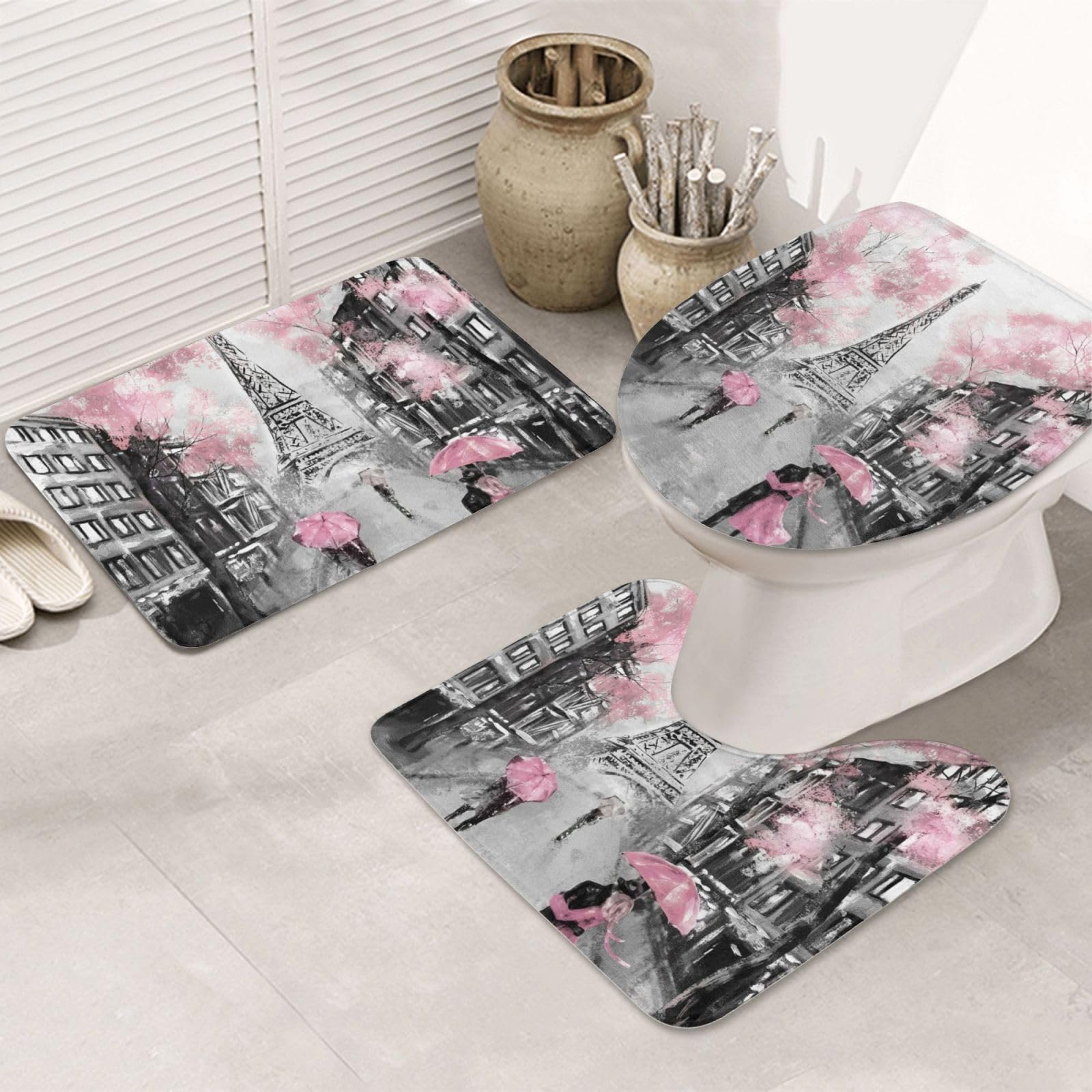 Paris Street Tower - Set di 3 tappetini da bagno con motivo floreale rosa, in flanella, morbido, antiscivolo, con coperchio, decorazione per la casa
