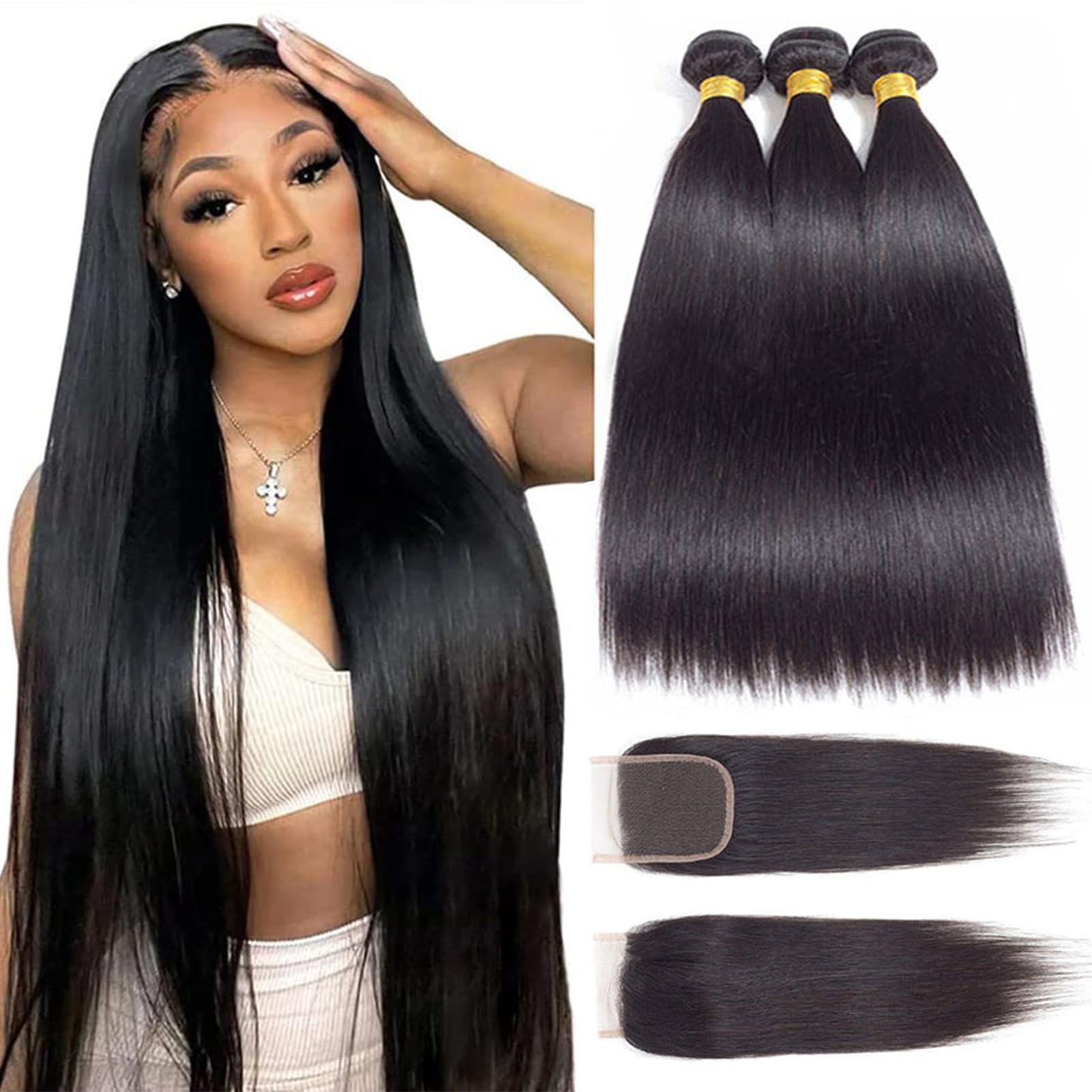 16A Straight Bundles Human Hair with Closure (12 14 16+10") 100% Real Human Hair 3 Bundles with Closure 3X Longer Lifespan 100% Unprocessed Virgin