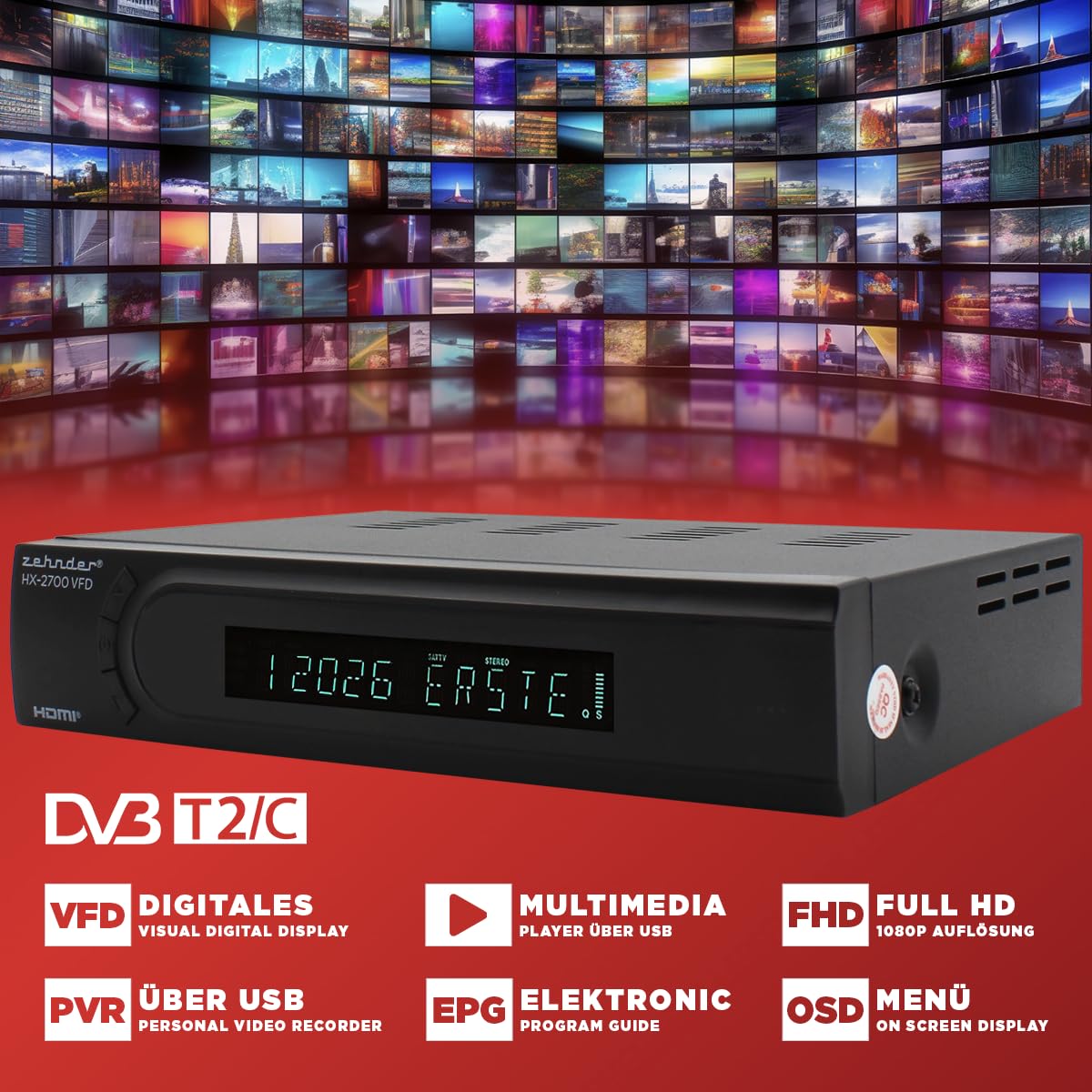 [ Test SEHR GUT, Note 1.1 *] Zehnder HD 2700 VFD HYBRID DVBC Kabel-Receiver & DVBT2 Receiver mit Aufnahmefunktion, DVB-C Reciver & Reciever für DVB-T, DVBT & DVB-T2, Kabelreceiver & DVB T Receiver