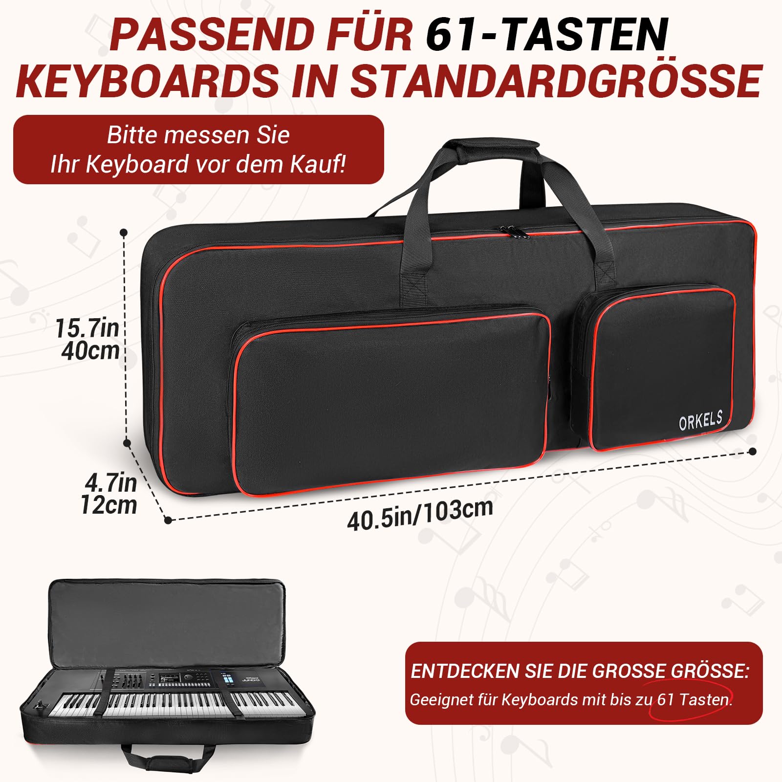 Custodia per tastiera per e-iano, imbottita 600D, impermeabile, con spallacci e scomparto per accessori (61 tasti, 105 × 43,5 × 15,5 cm)