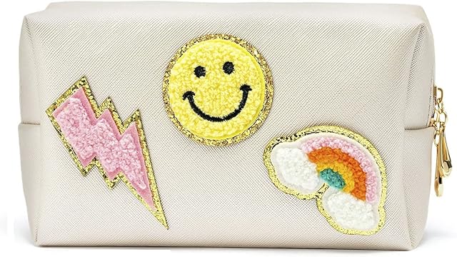 YP Beauty Preppy Patch Makeup Bag. 2 Colours. Travel Toiletry Bag Make Up Organiser.Toiletry Bags for Women. Preppy Stuff Travel Bags for Women Makeup Organiser. Wash Bag Cosmetic Case (Cream Patch)
