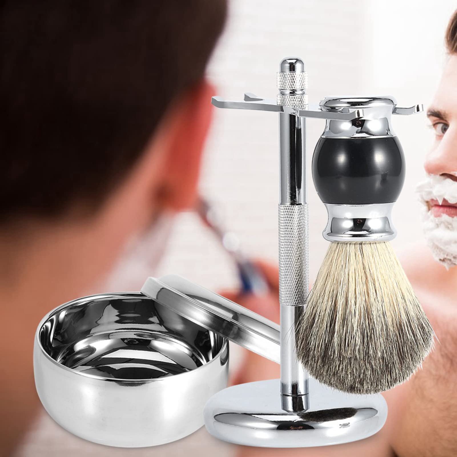 Kit di Strumenti per la Rasatura Professionale con Supporto per Uomo, Spazzola in Pelo di Tasso Sintetico e Ciotola per Tazza di Sapone in Lega - Durevole, Conveniente Ed Ecologico
