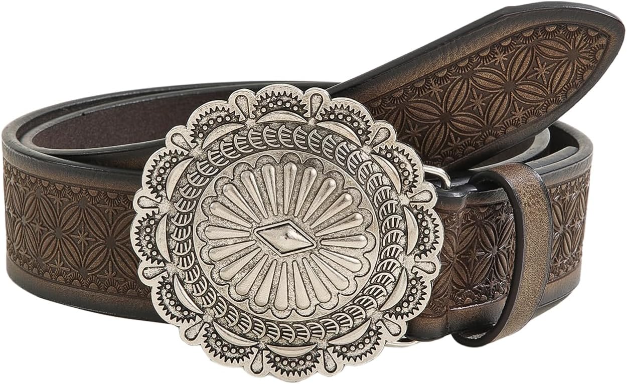 GORGLITTER Women's Cowboy Belts Floral Country Belts Leather Waist Belt for Jeans Pants