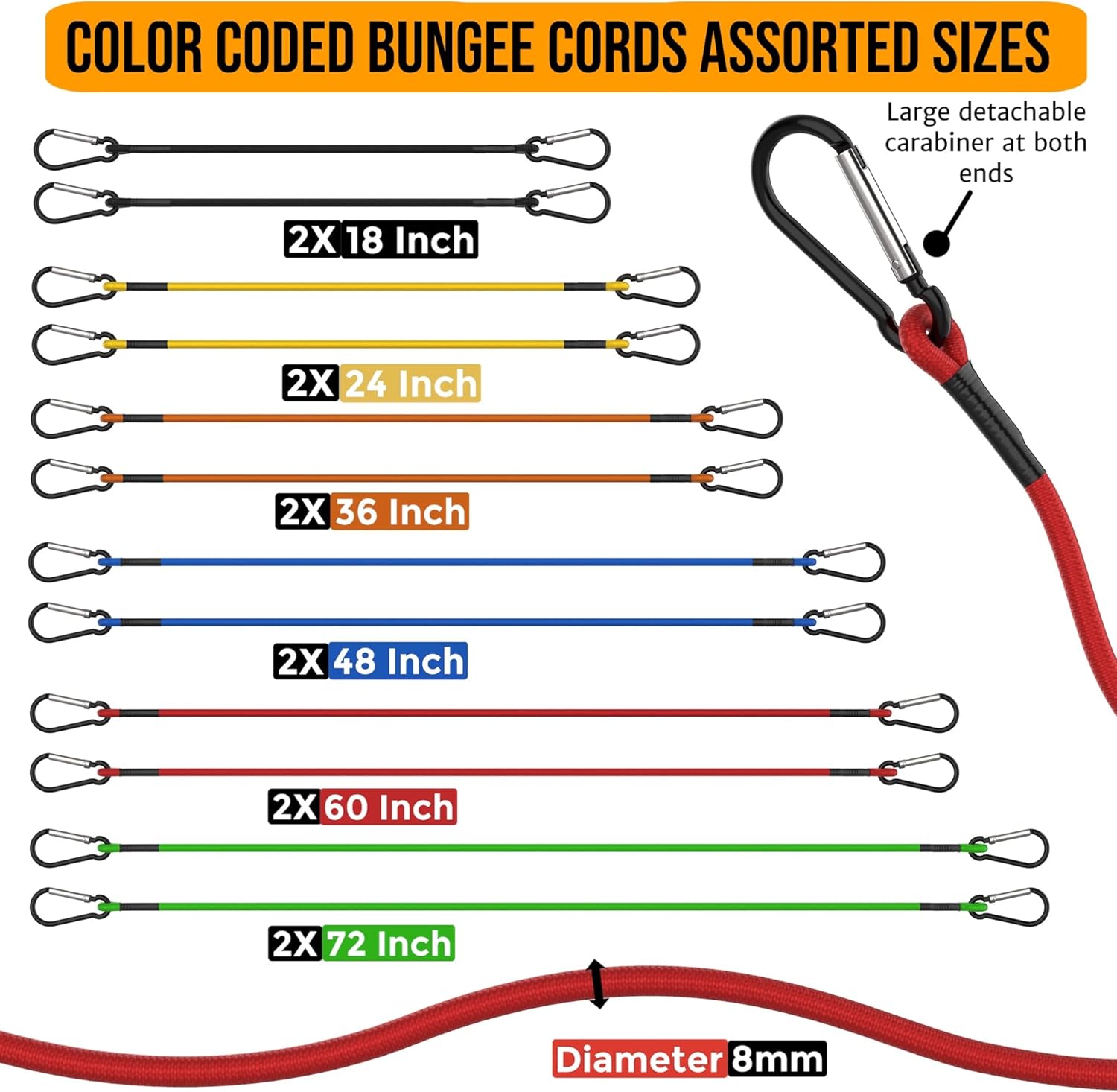 VBEST Bungee Cords Heavy Duty Outdoor - 28pc Set 72, 60, 48, 36, 24, 18 - Bungee Cord Assorted Sizes with Carabiner Hooks - Small Bunjee Chords, Bunji Balls, Tarp Clips - Long Rubber Bungie Straps