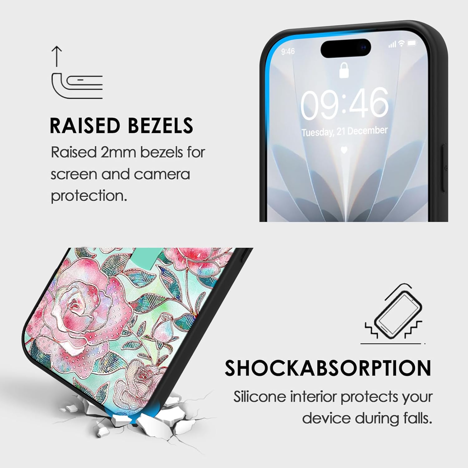 Compatible with iPhone 17 Case with Finger Strap Stand, Cute Flowers Print Phone Case for Women Girls, Full Camera Protection Shockproof Protective Cover, Glitter Rose