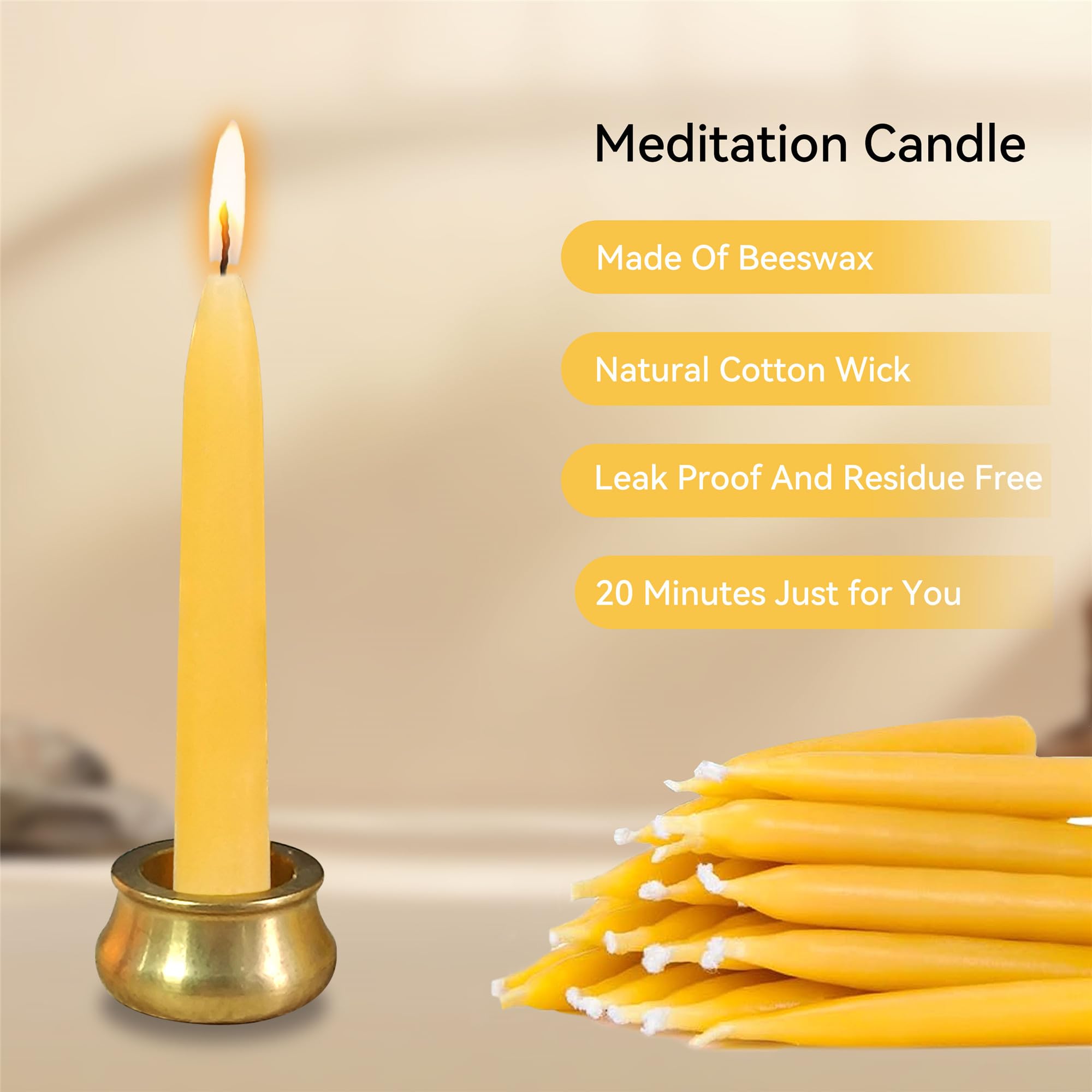 Gedengni Mini Taper Candle Meditation Candles,20 Minute Prayer Candlestick Dripless Beeswax Candles with Brass Candle Holder for Yoga & Spiritual Rituals (Set of 30)