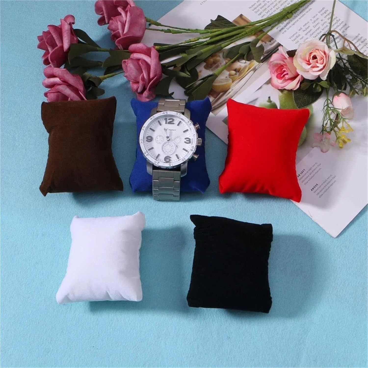 Watch Pillows For Box 50 Pcs Velvet Bracelet Pillow Multicolor Jewelry Pillow Watch Bracelet Cushion Display Stand Set Jewelry Pillow Bag(Brown)