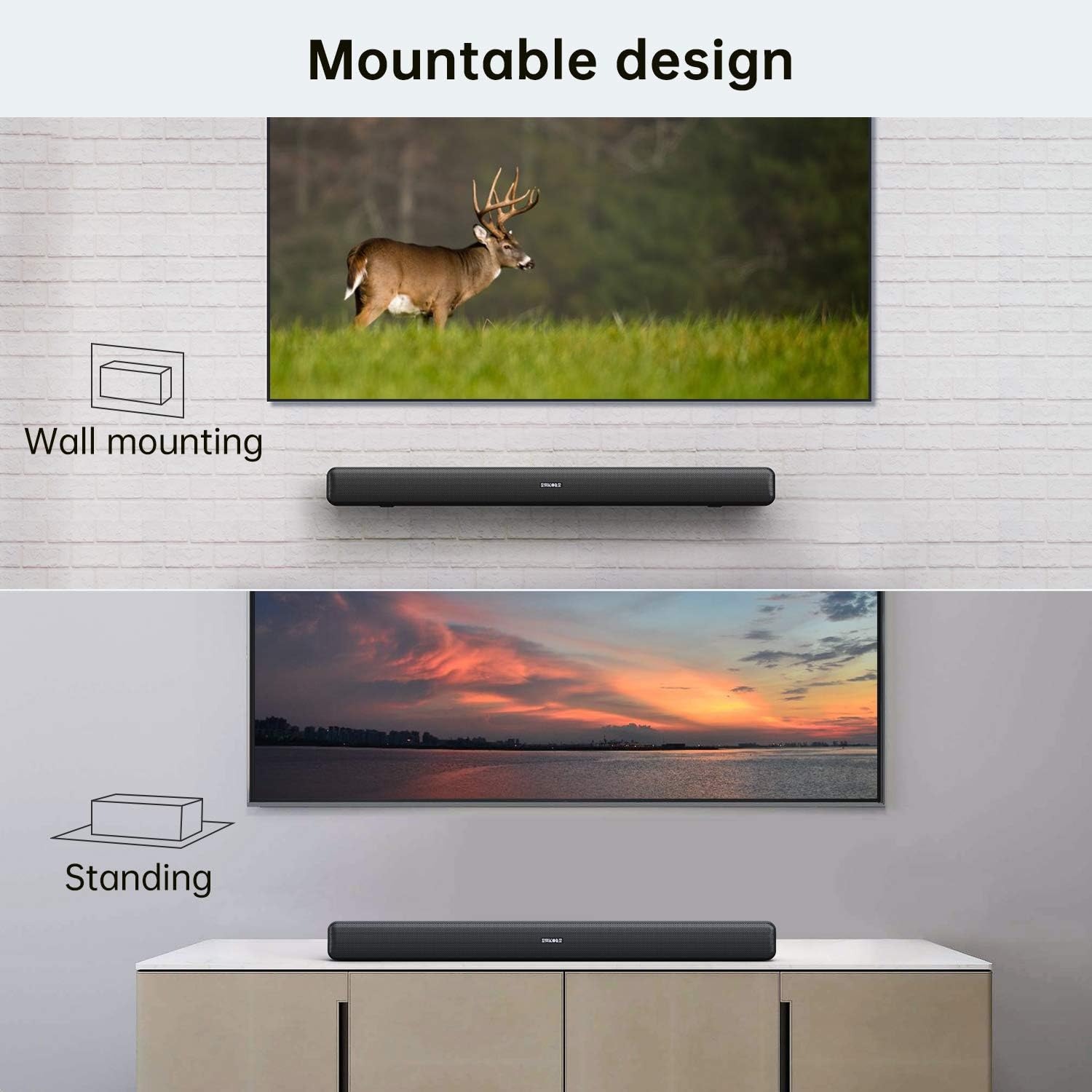 SAKOBS soundbar showing wall mounting and tabletop placement options