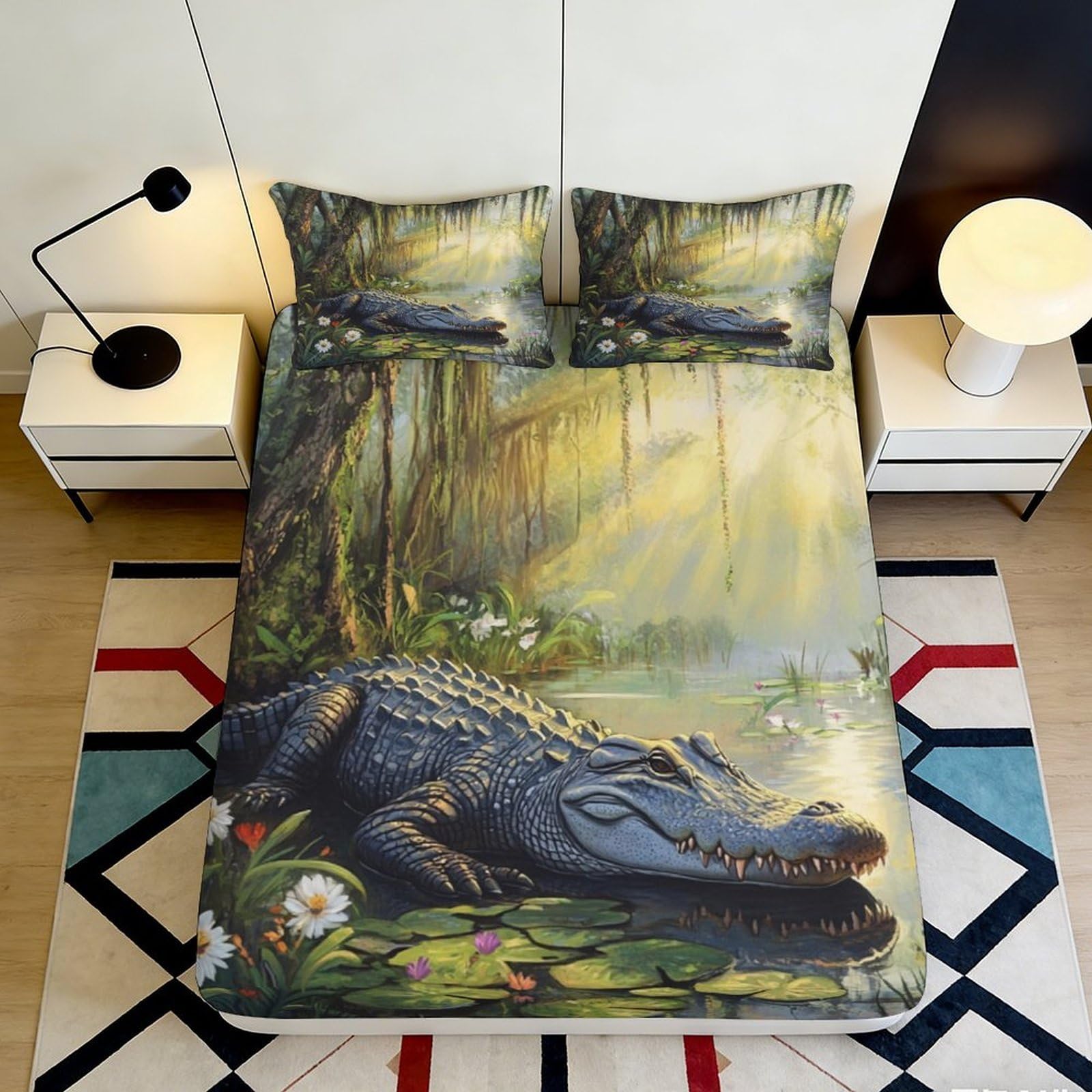 3D Printed Alligator Swamp Fitted Sheet Microfiber Soft Waterproof Jungle River Mattress Cover for Bedroom Guest Room Decor 90x200x25cm