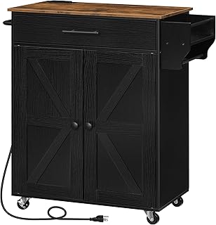 HOOBRO Kitchen Island with Power Outlet, Kitchen Island Storage Island with Large Worktop, Spice Rack and Drawer, Rolling Kitchen Cart on Wheels, for Kitchen and Dining Room, Rustic Brown and Black