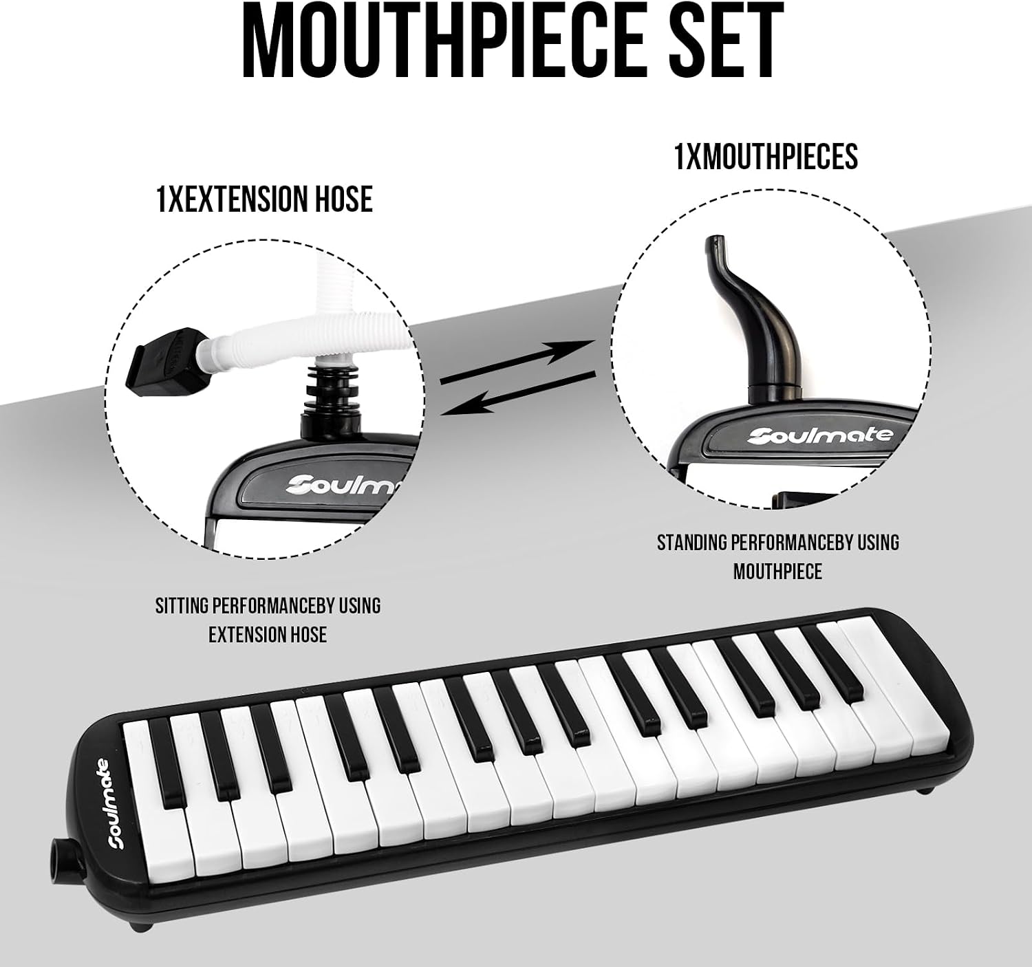 Soulmate 32 Keys Melodica, Soprano Melodica Instrument Air Piano Keyboard Pianica with Soft Long Tubes, 2 Short Mouthpieces and Carrying Bag (Black)