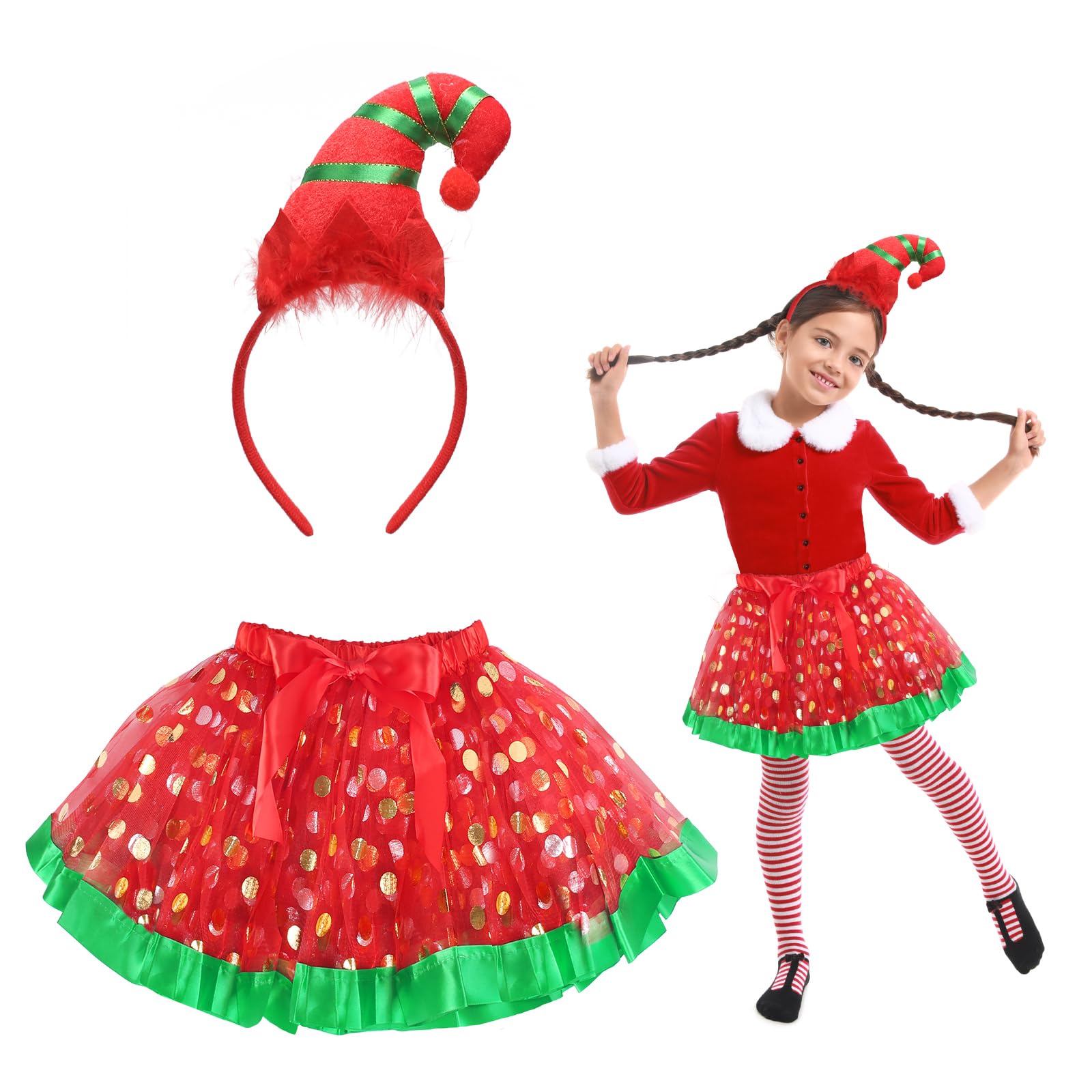 HONMOK 2 Piece Girls Elf Christmas Costume, Xmas Elf Outfit with Elf Hat Headband & Red Green Tutu Dress