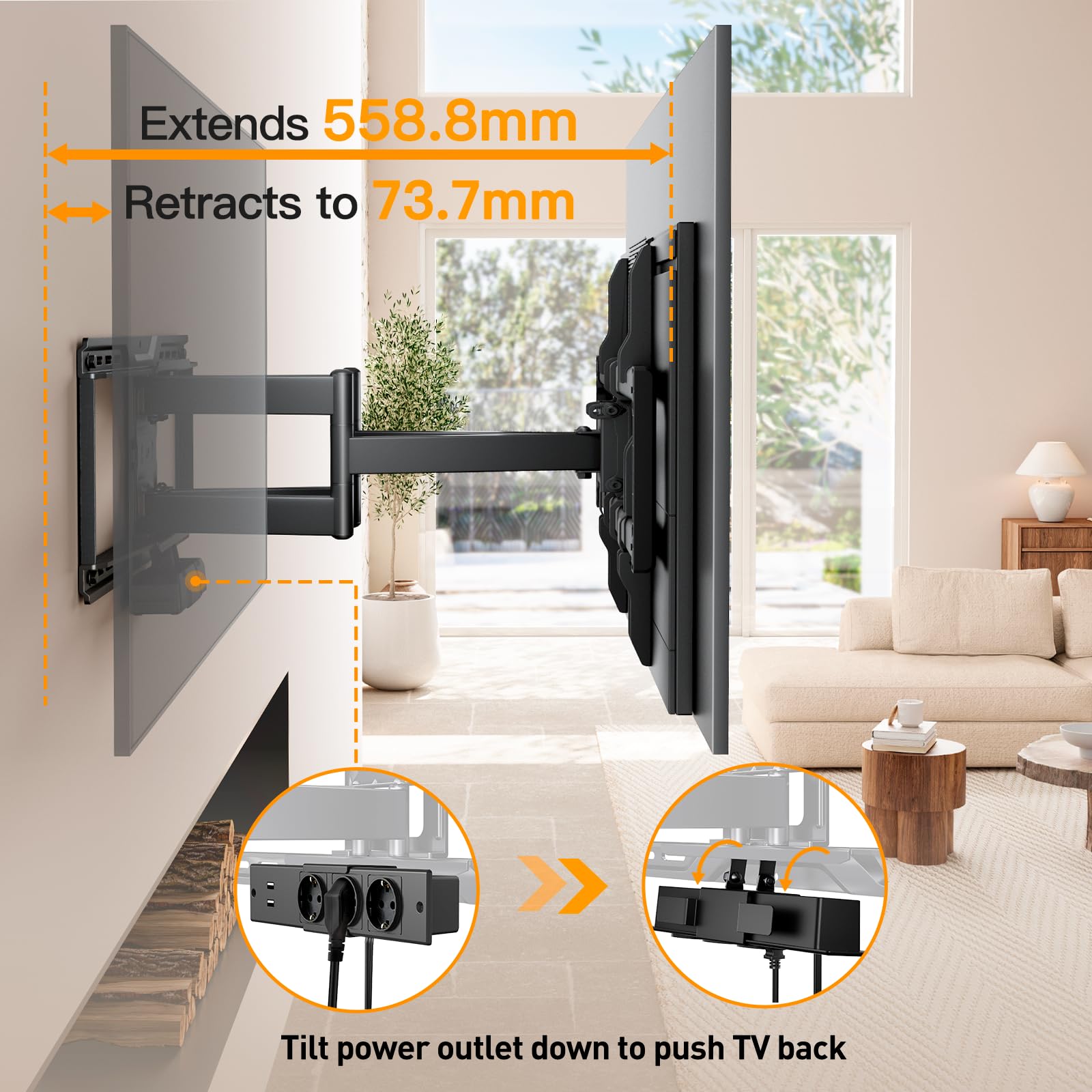 Perlegear W pełni ruchomy uchwyt ścienny do telewizora z listwą zasilającą, 42"-90", 68 kg, wstępnie zamontowany uchwyt TV, płynnie obracany obrót, nachylenie, przedłużenie, VESA 600 x 400 mm, PGLF11